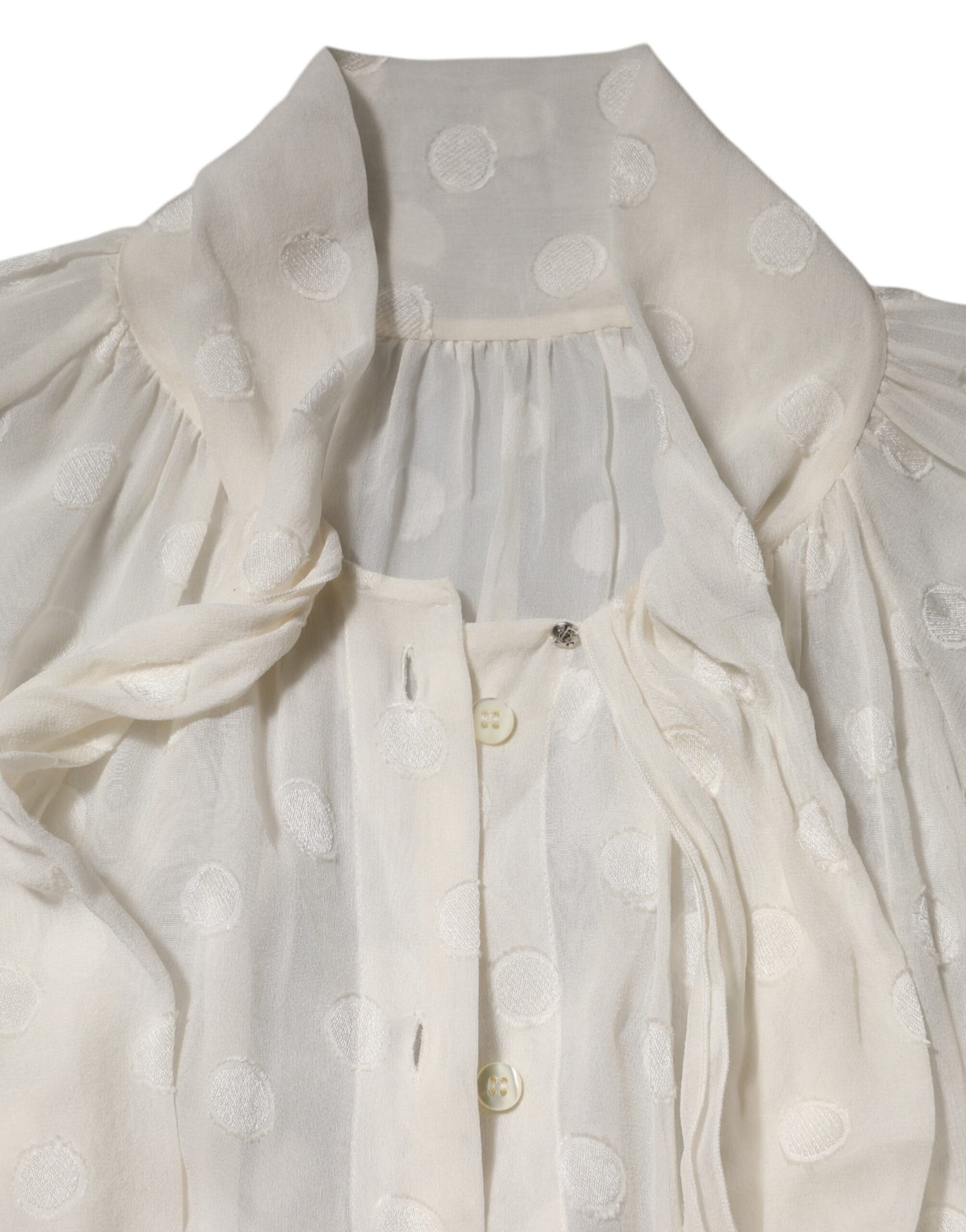 Dolce & Gabbana White Polka Sheer Silk Bow Tie Shirt Blouse Top | Regal Royce