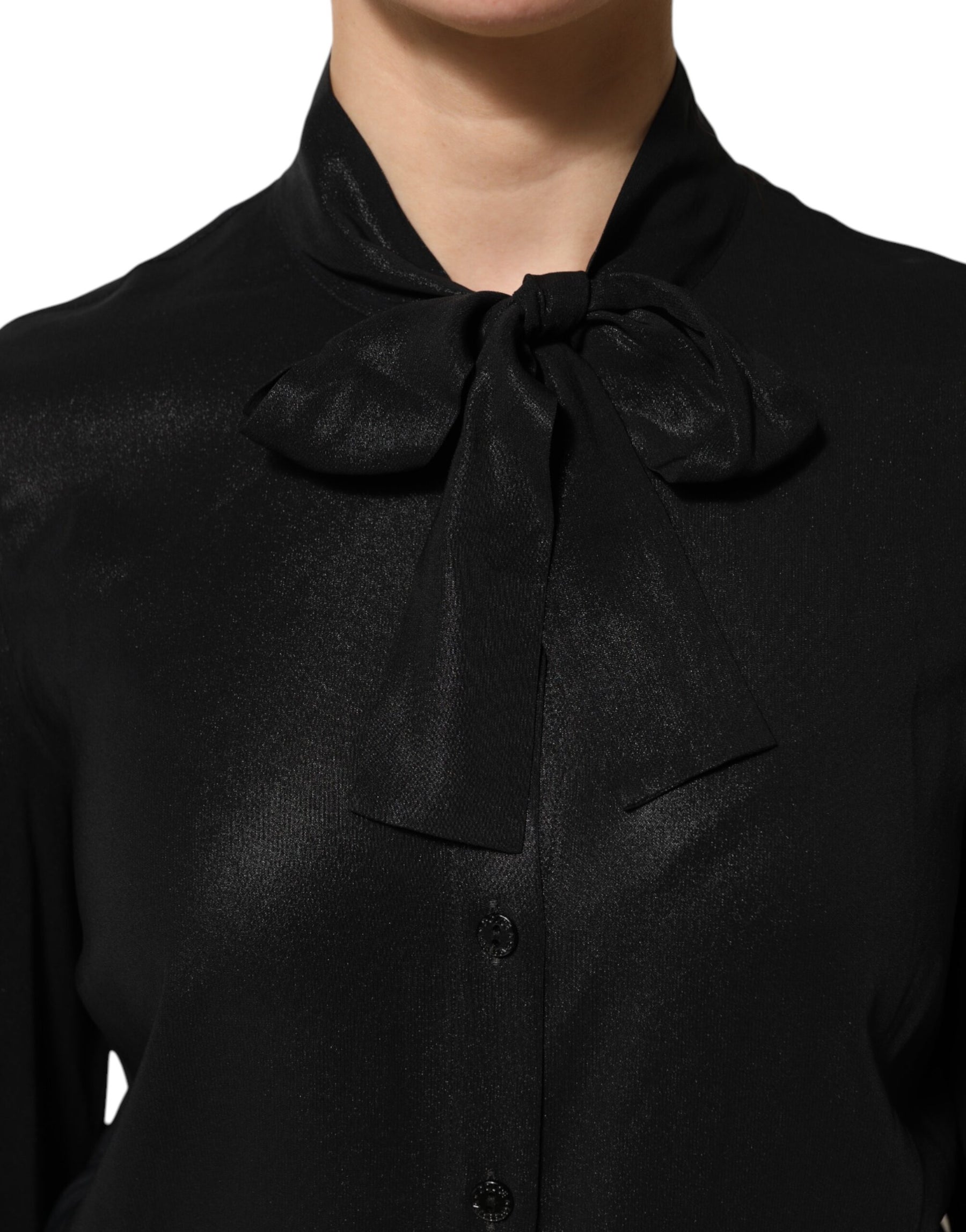 Dolce & Gabbana Black Viscose Long Sleeve Tie Neck Blouse Top | Regal Royce