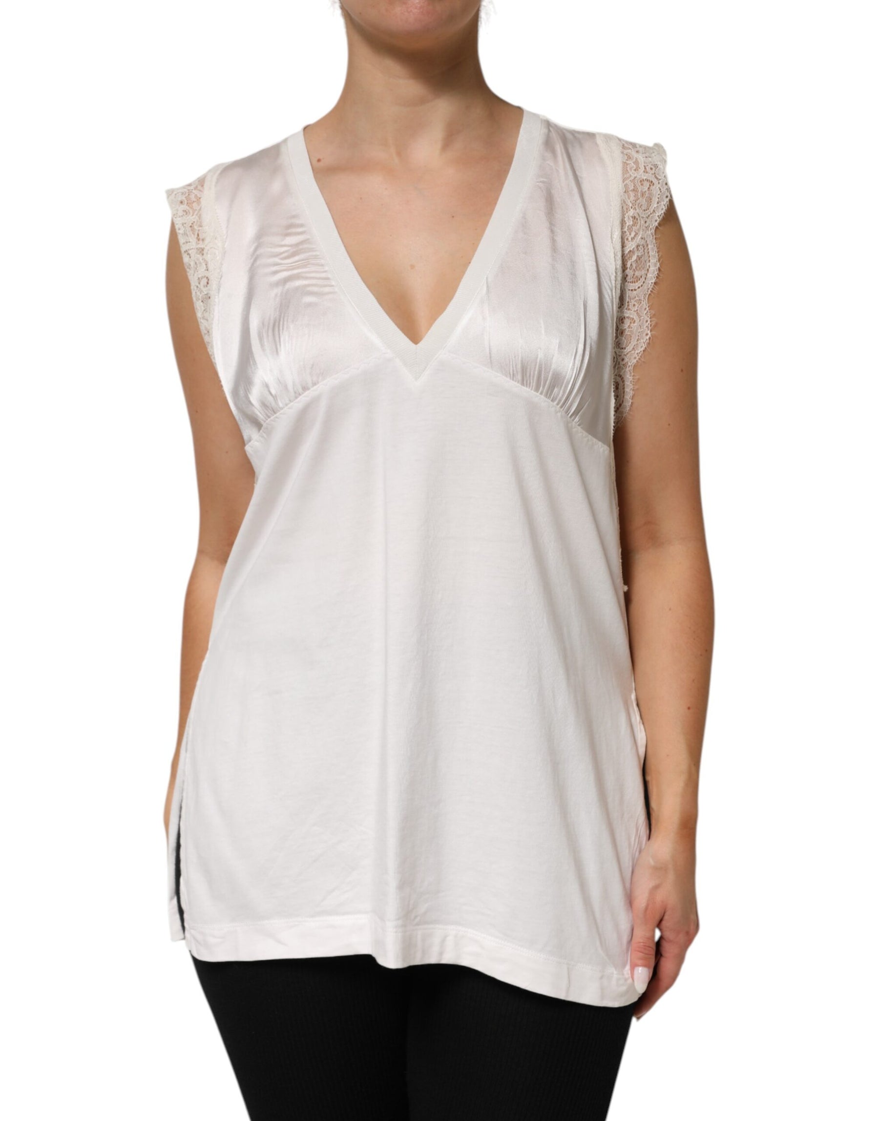 PINKO White Silk Blend Lace Trim Sleeveless V-Neck Women’s Top | Regal Royce