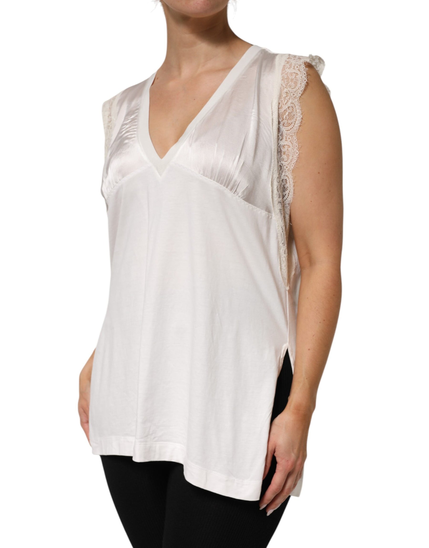PINKO White Silk Blend Lace Trim Sleeveless V-Neck Women’s Top | Regal Royce