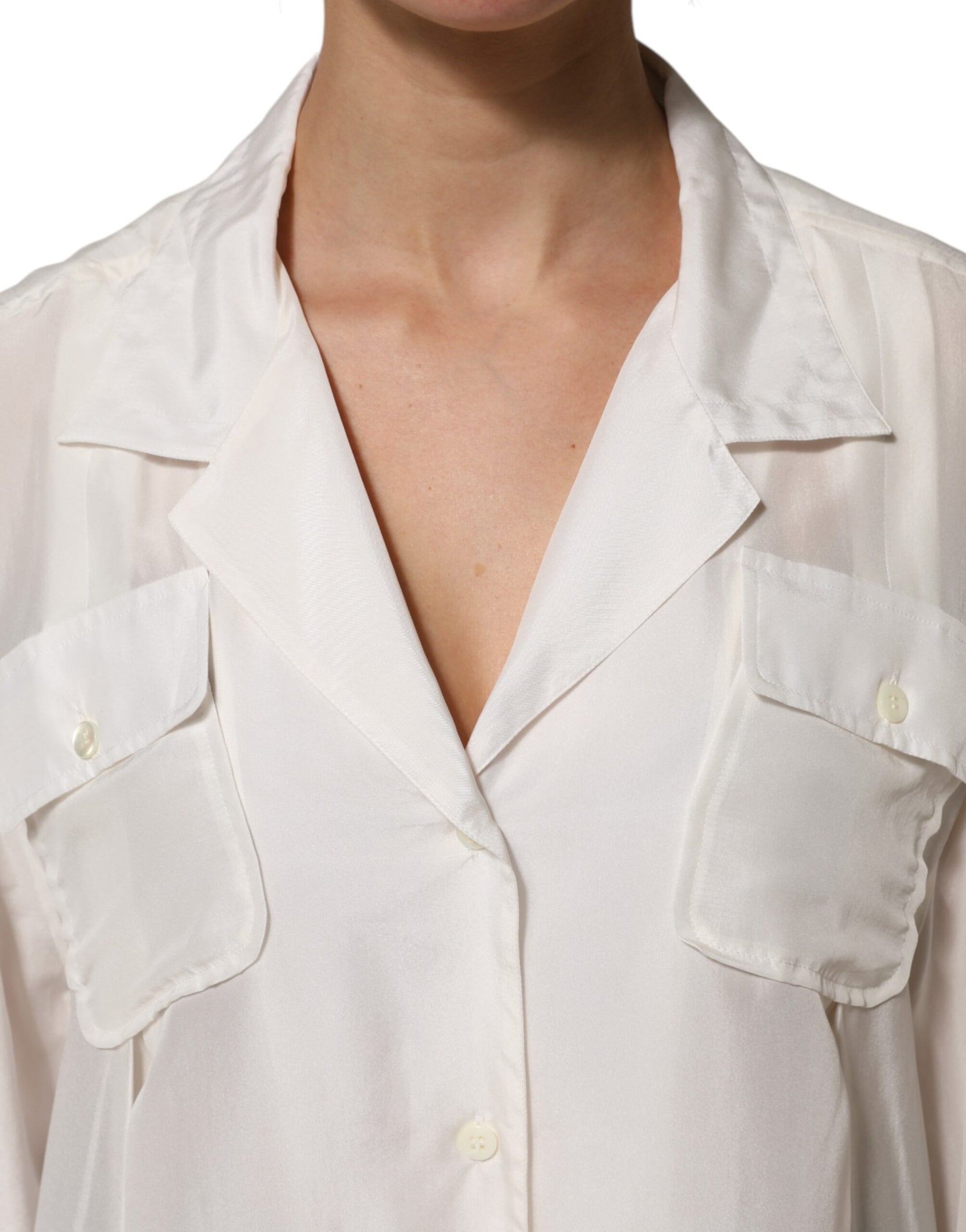 Dolce & Gabbana White Silk Collared 3/4 Sleeves Blouse Top | Regal Royce