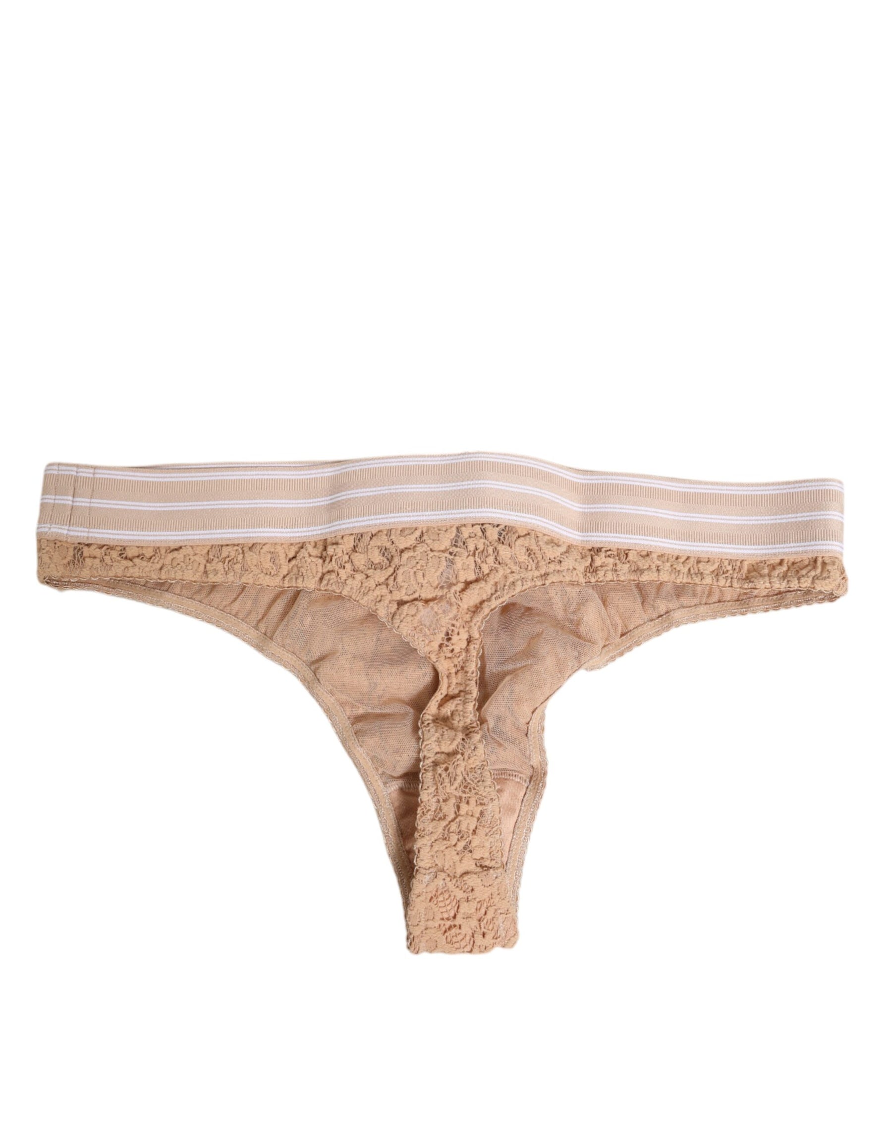 Dolce & Gabbana Beige Lace Logo Elastic Waist Thong Tanga Underwear | Regal Royce