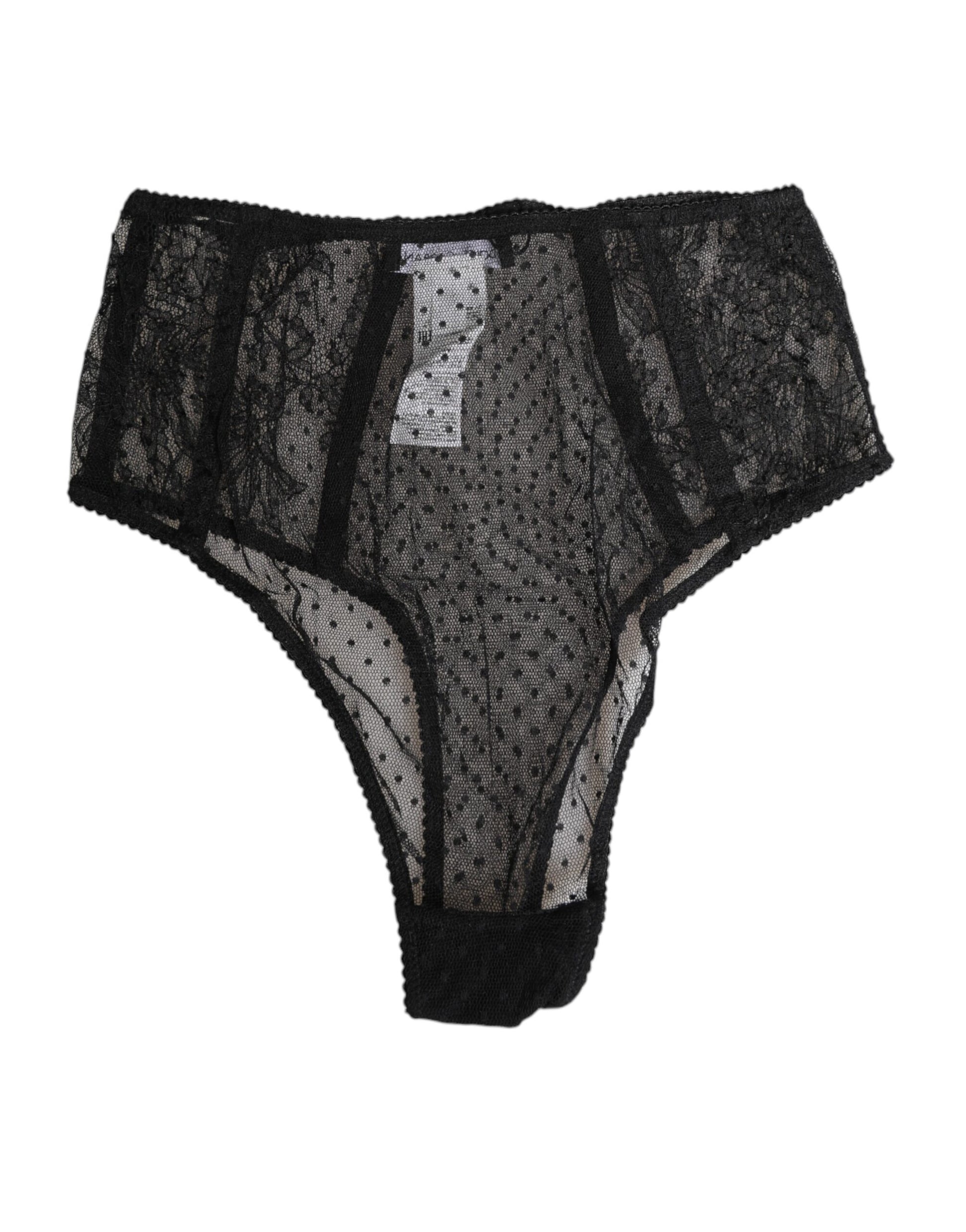 Dolce & Gabbana Black Lace Polka Dot Mesh High Waist Underwear