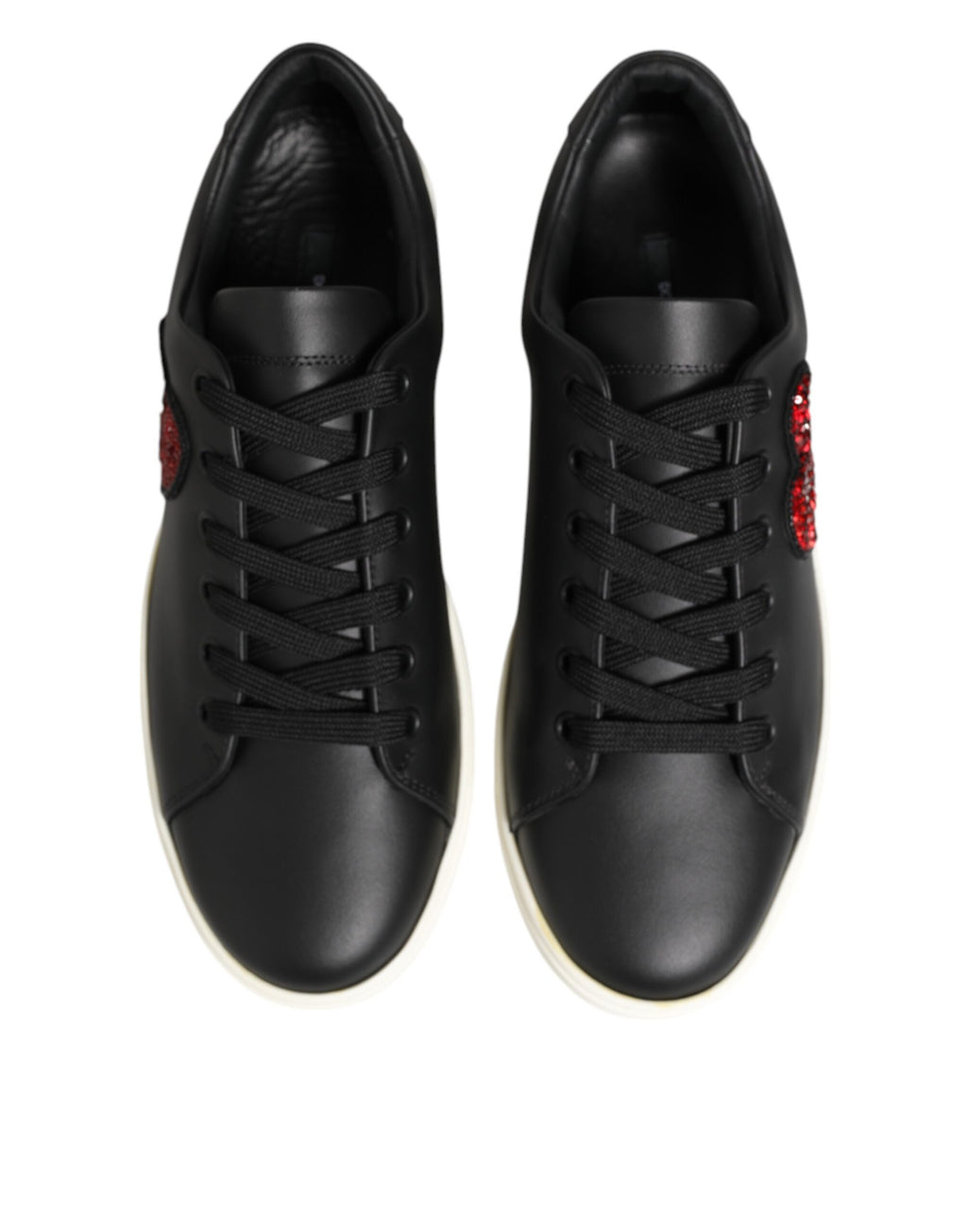 Dolce & Gabbana Black White Leather Crystal Heart Sneakers Shoes