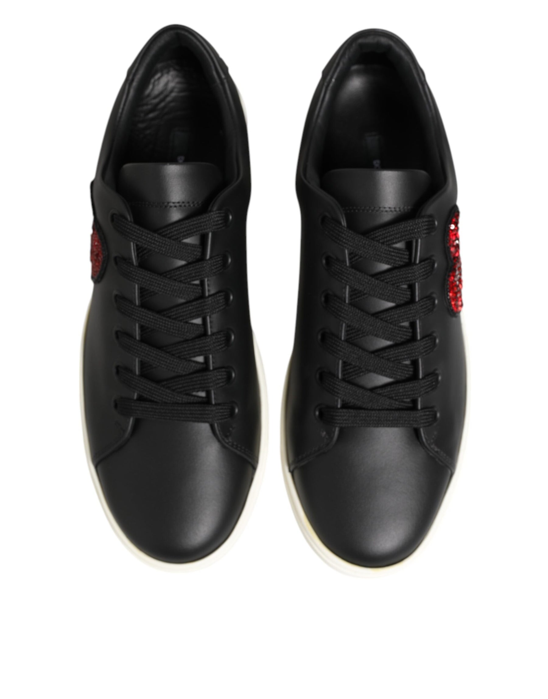 Dolce & Gabbana Black White Leather Crystal Heart Sneakers Shoes | Regal Royce