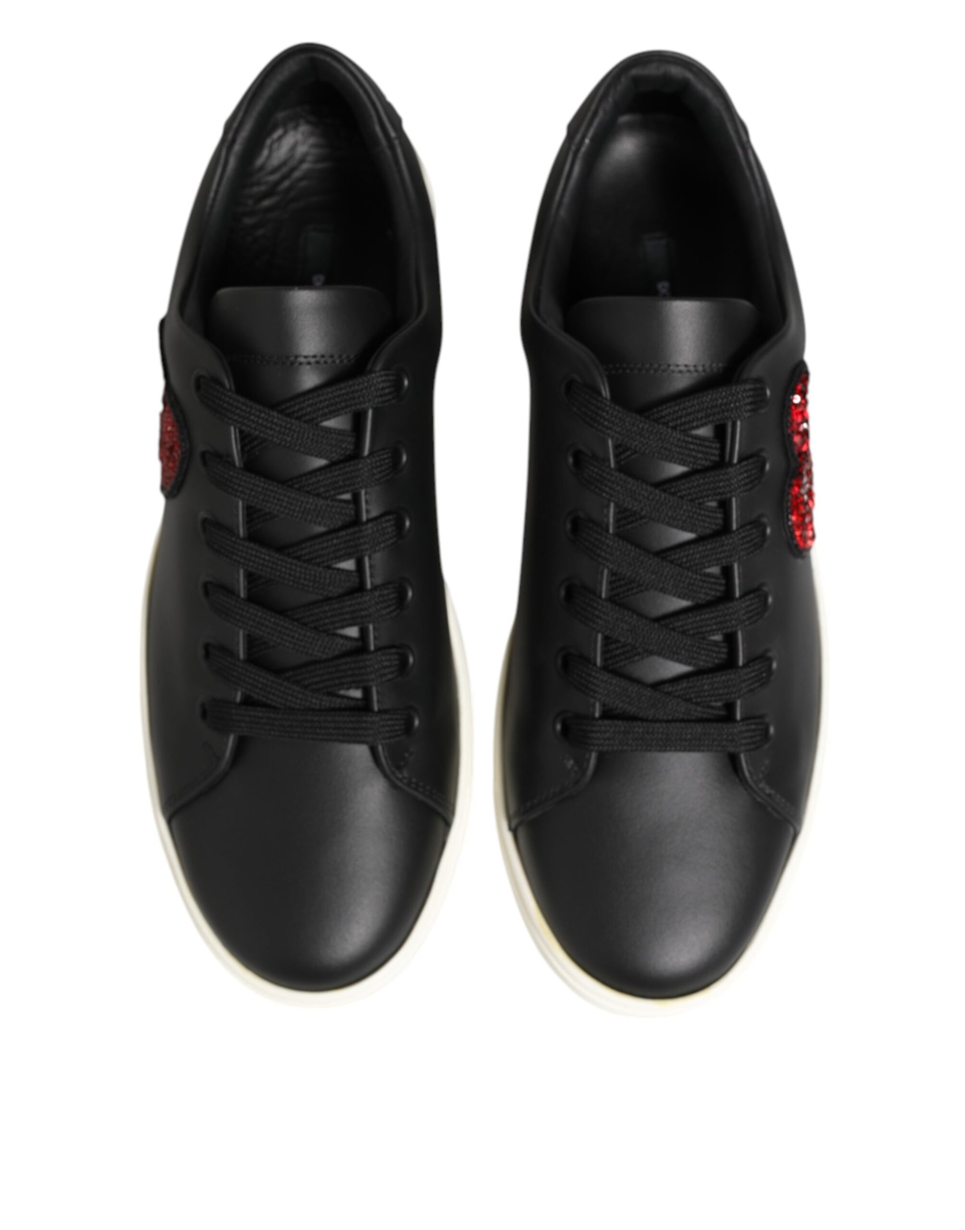 Dolce & Gabbana Black White Leather Crystal Heart Sneakers Shoes