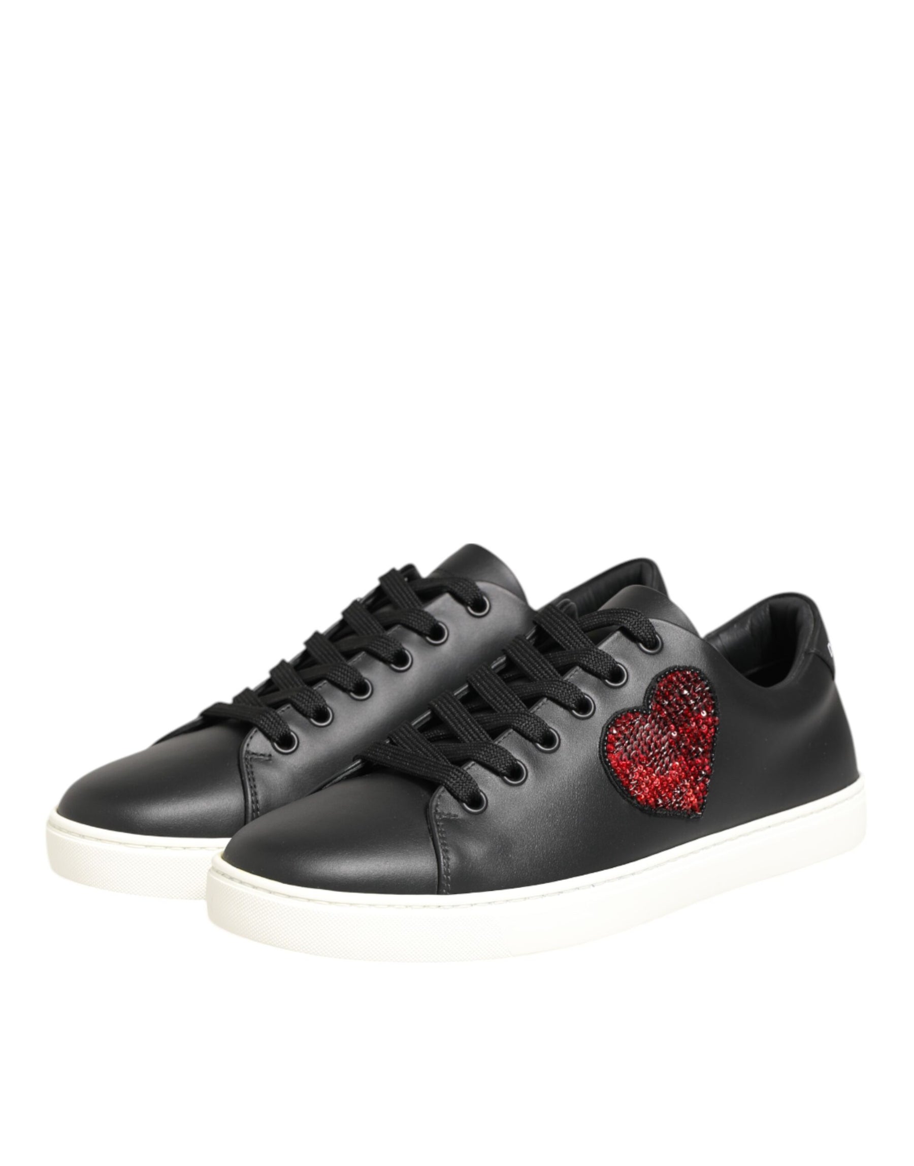 Dolce & Gabbana Black White Leather Crystal Heart Sneakers Shoes | Regal Royce