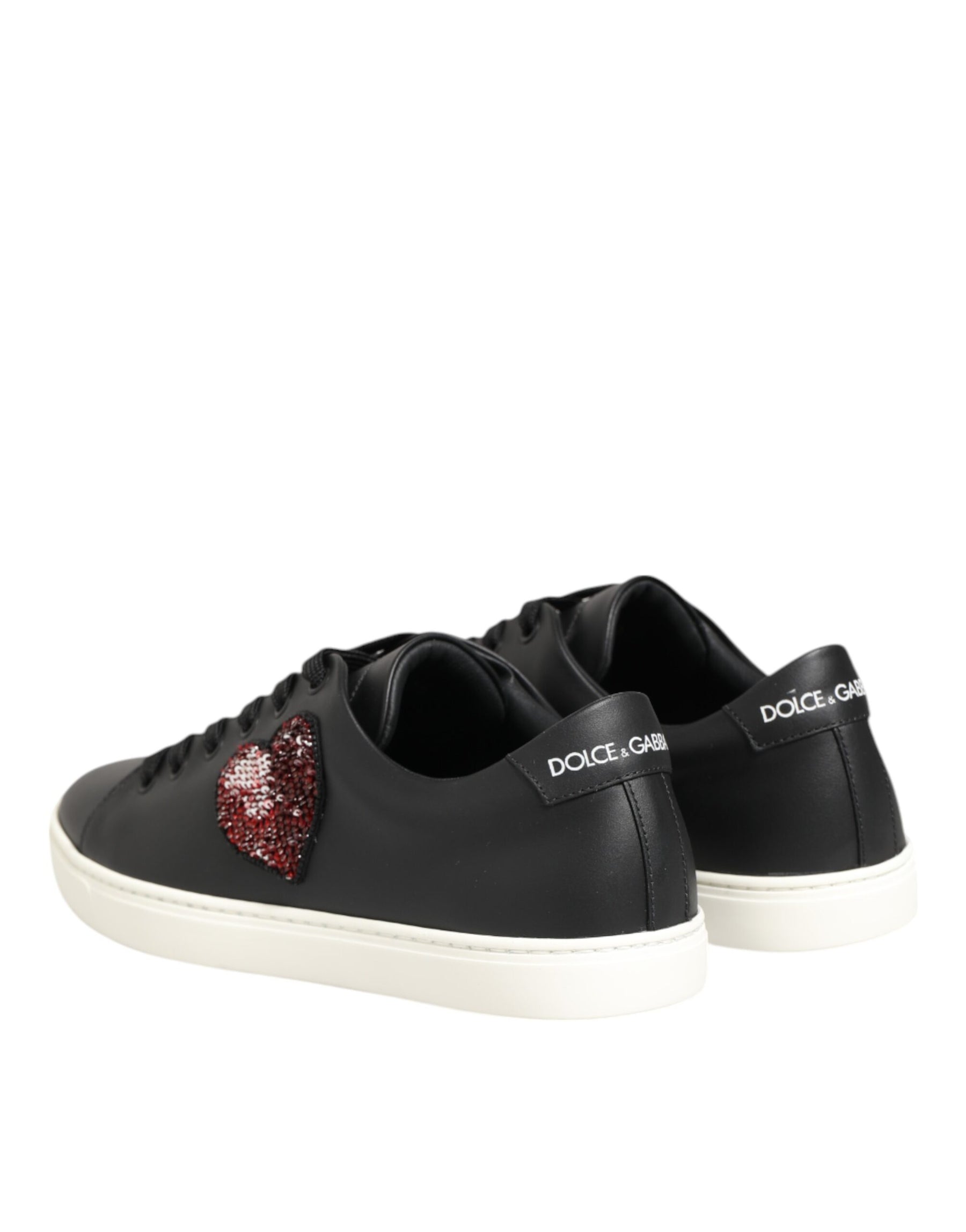 Dolce & Gabbana Black White Leather Crystal Heart Sneakers Shoes | Regal Royce