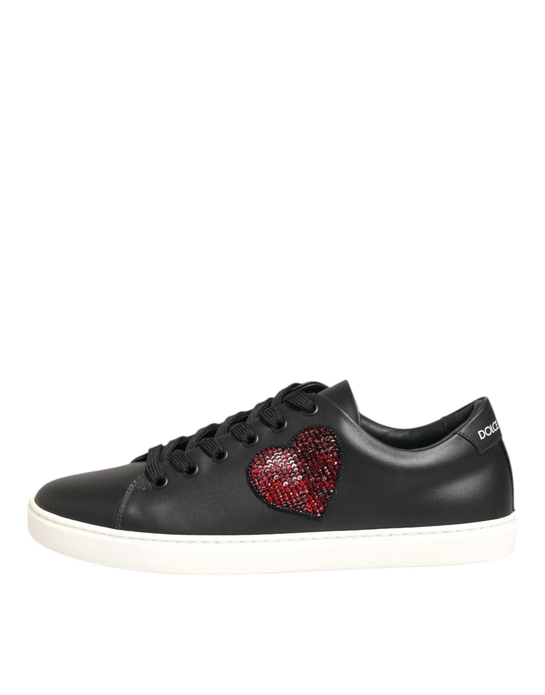 Dolce & Gabbana Black White Leather Crystal Heart Sneakers Shoes | Regal Royce