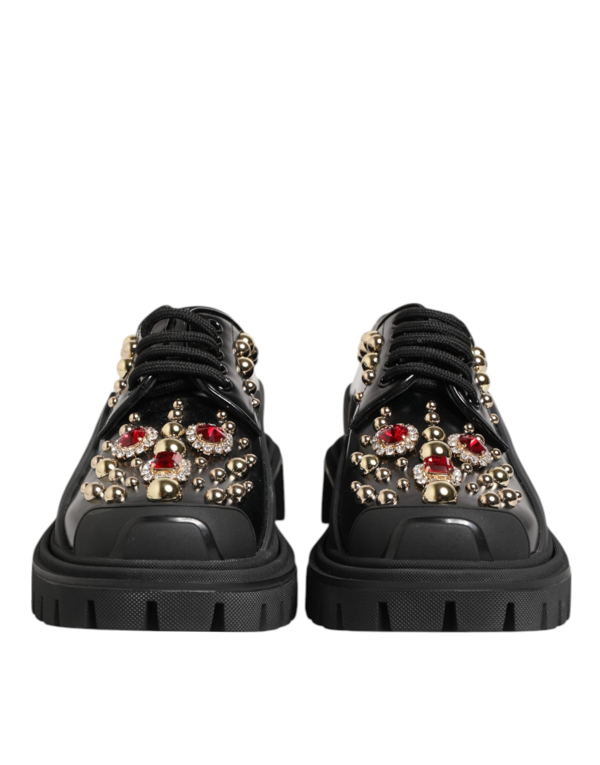 Dolce & Gabbana Black Leather Jeweled Crystals Derby Shoes