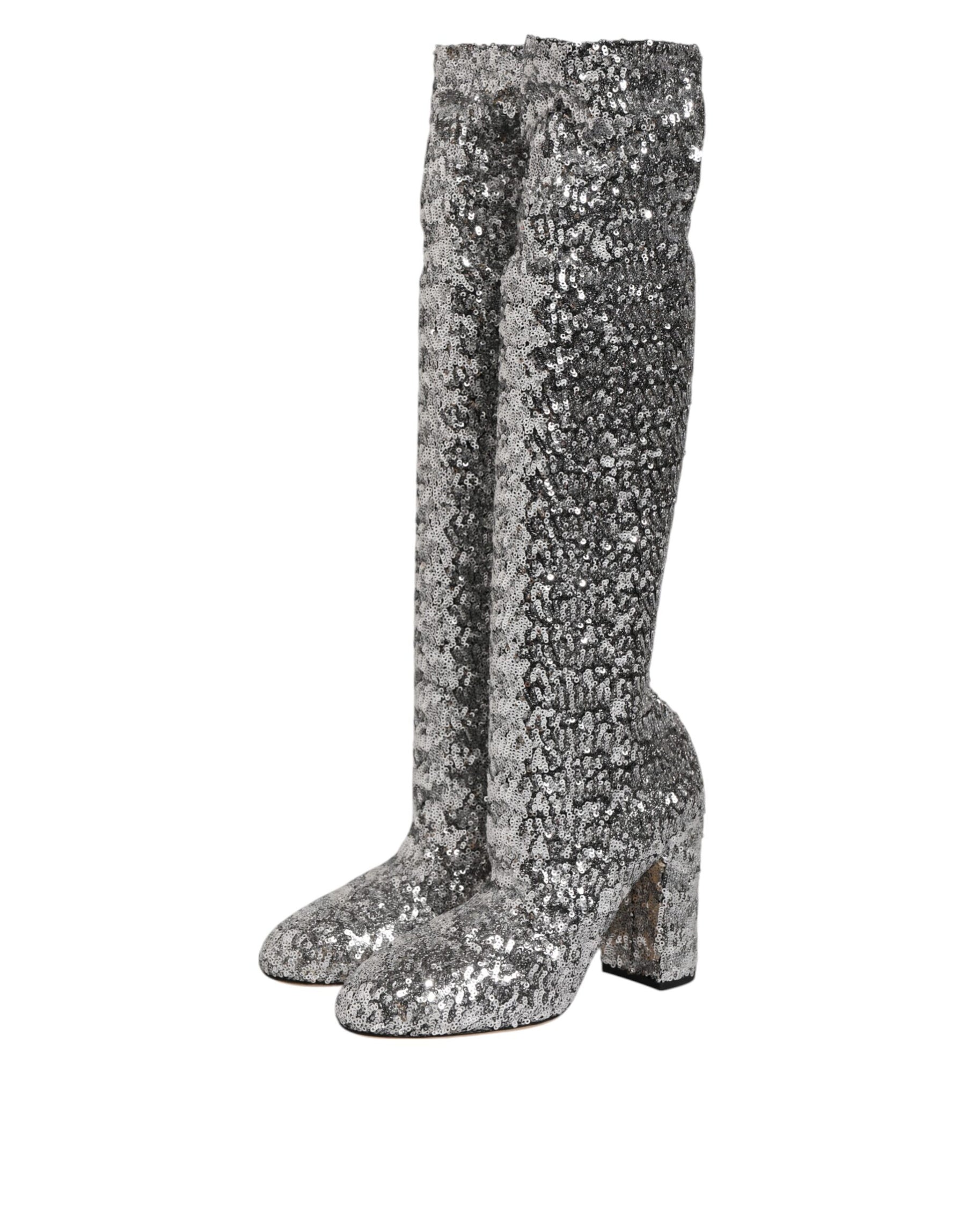 Dolce & Gabbana Shoes Silver Sequins Glitter High Heel Boot Shoes | Regal Royce