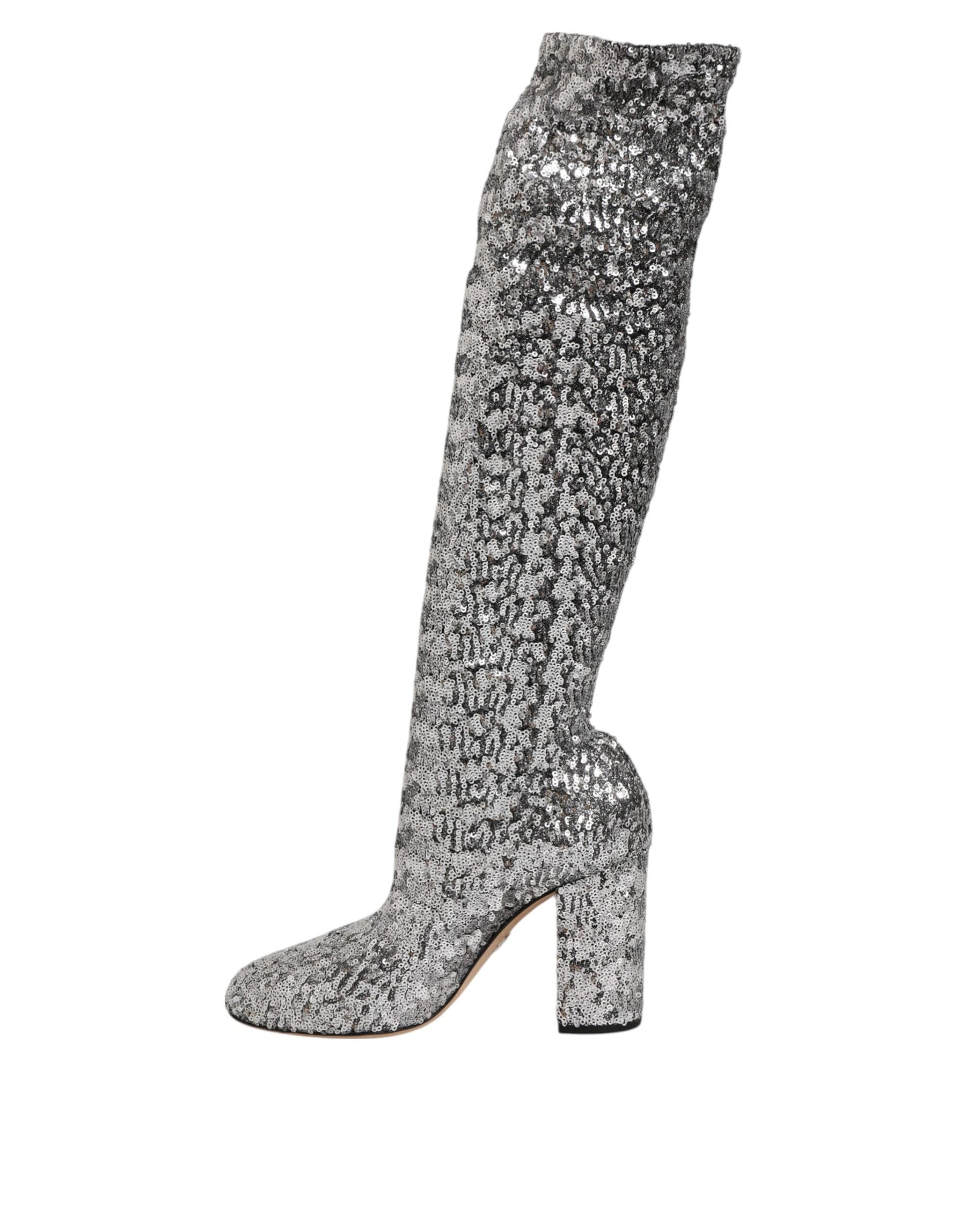 Dolce & Gabbana Shoes Silver Sequins Glitter High Heel Boot Shoes | Regal Royce