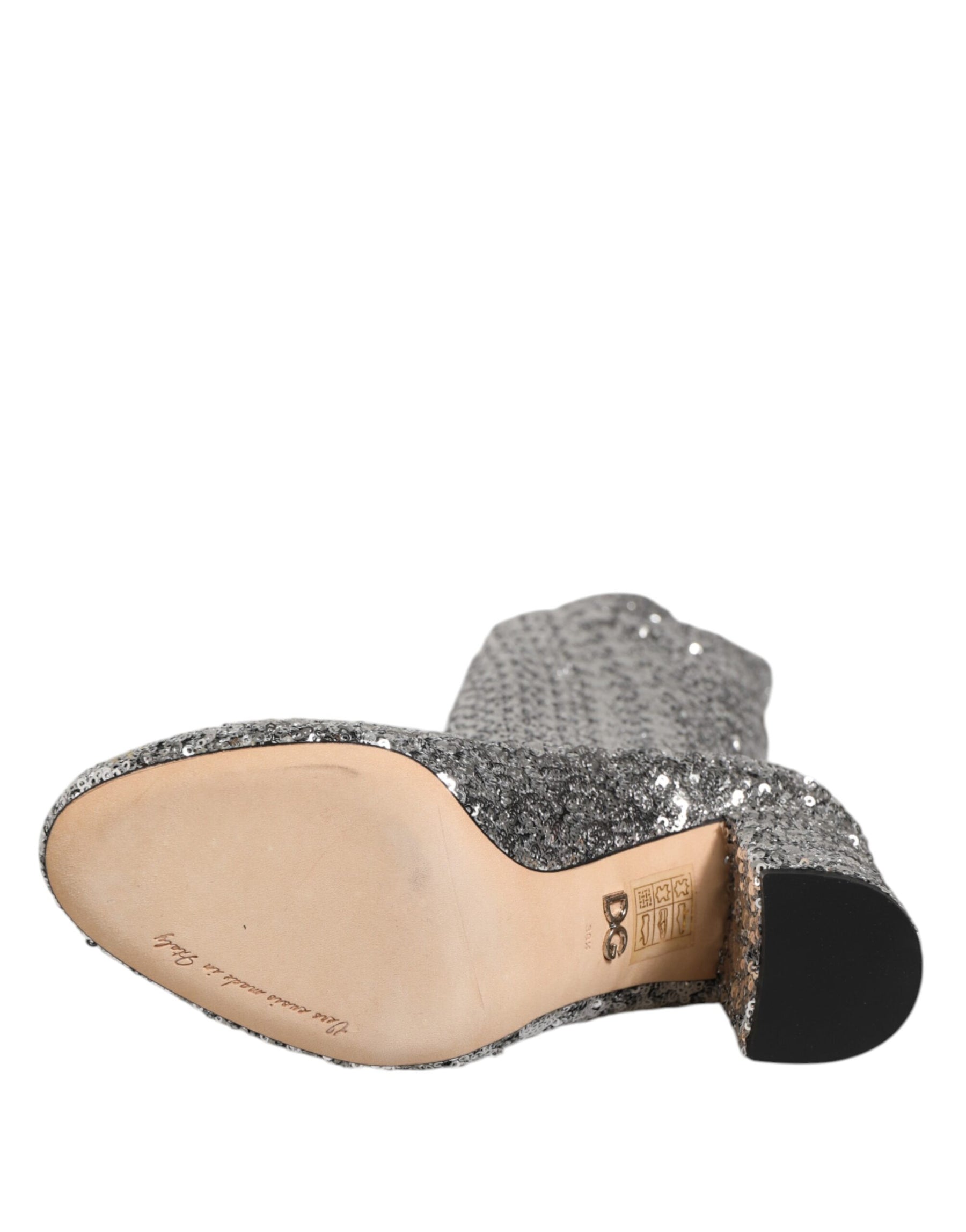 Dolce & Gabbana Shoes Silver Sequins Glitter High Heel Boot Shoes | Regal Royce