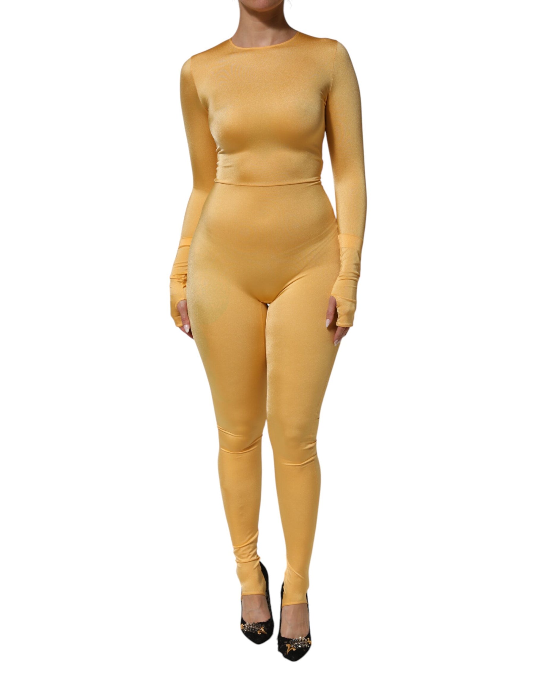 Dolce & Gabbana Gold Yellow Stretch Long Sleeve Bodysuit Dress | Regal Royce