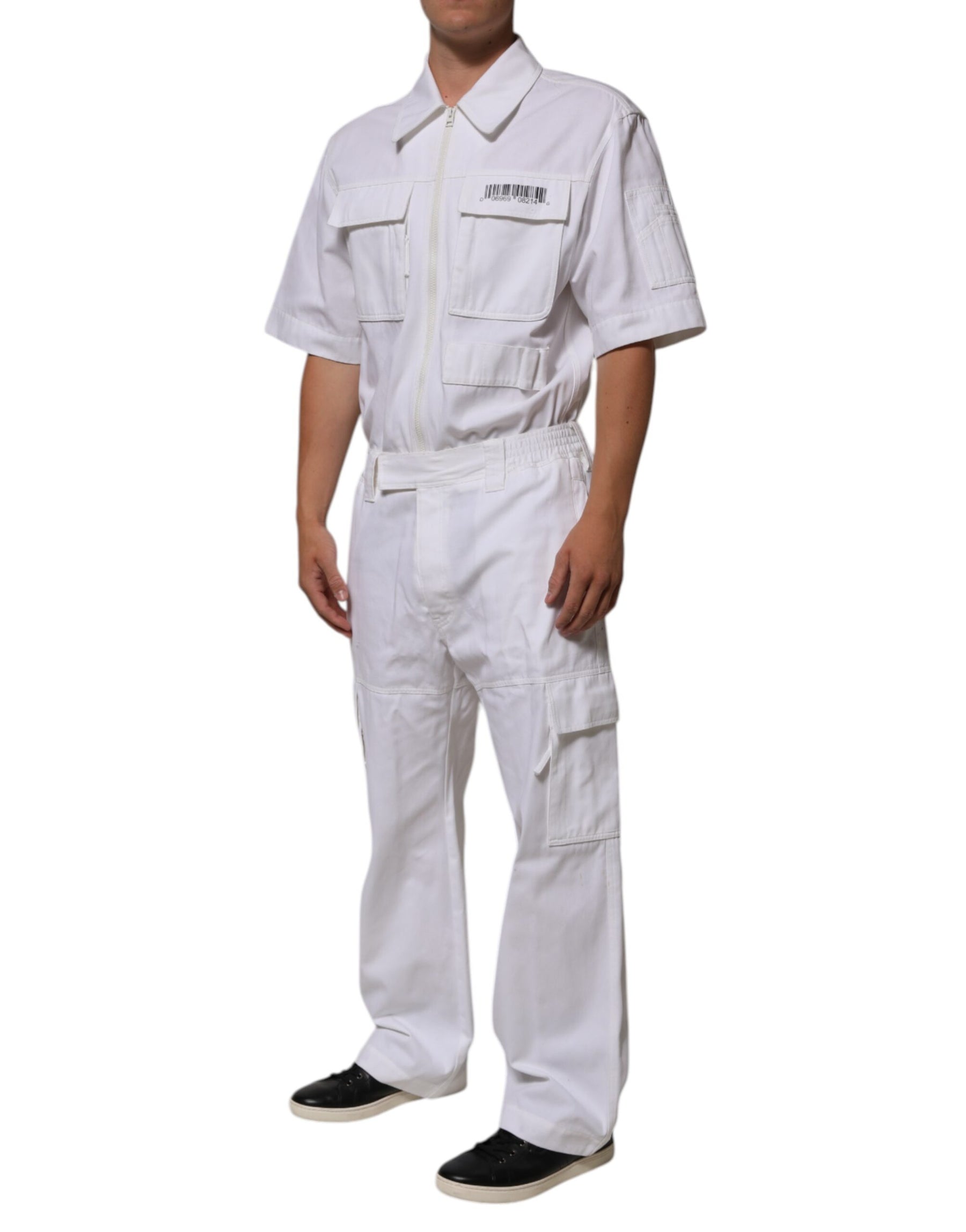 Dolce & Gabbana White Barcode Patch Utility Zip Jumpsuit Pants | Regal Royce