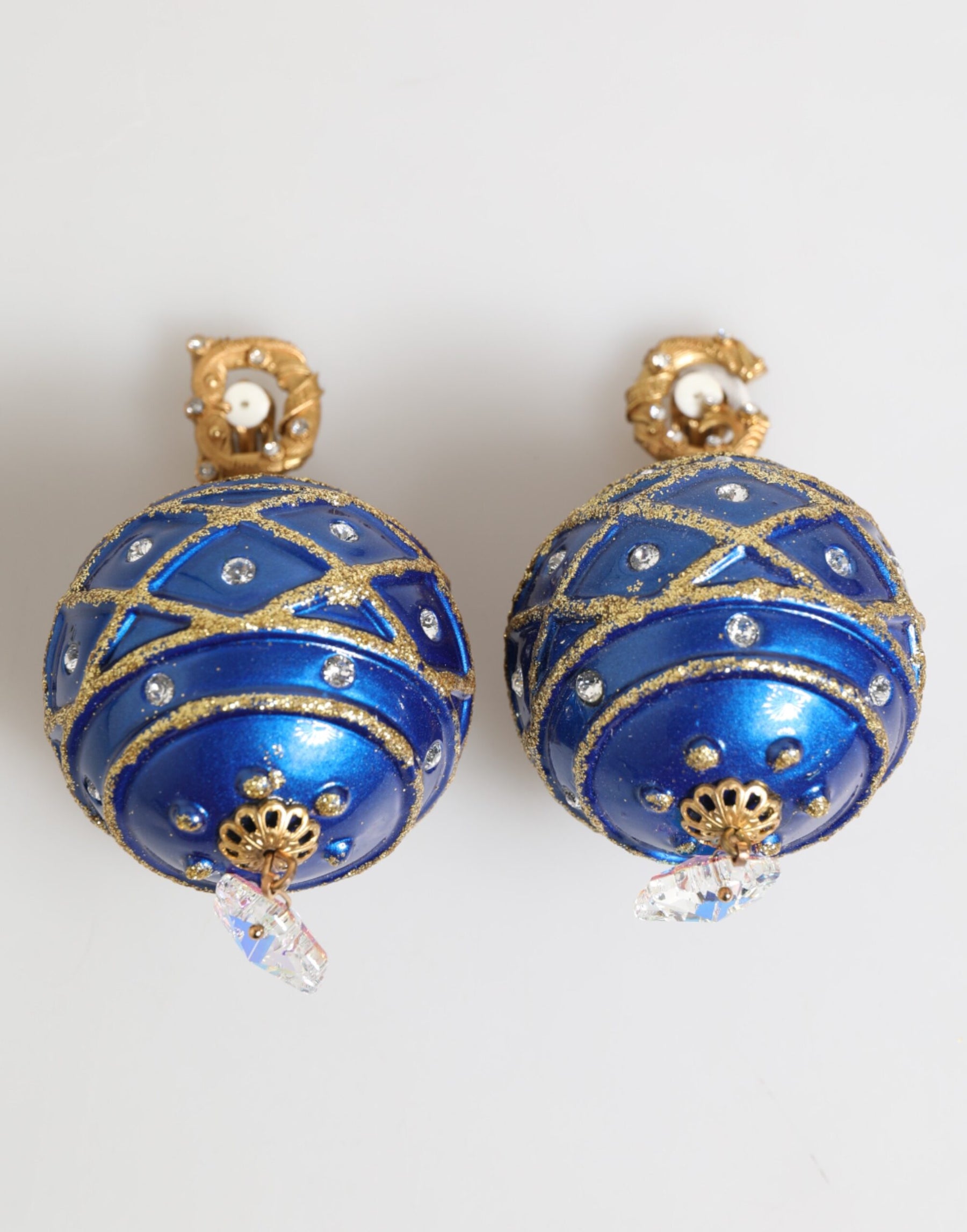 Dolce & Gabbana Gold Brass Blue Christmas Ball Crystal Drop Clip On Earrings | Regal Royce