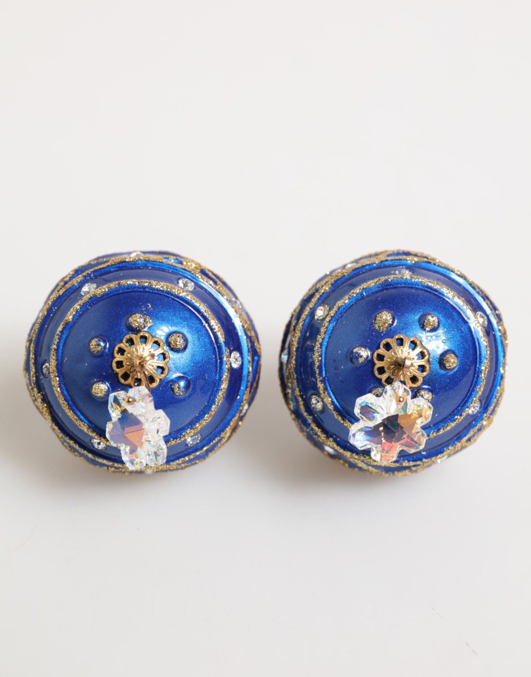 Dolce & Gabbana Gold Brass Blue Christmas Ball Crystal Drop Clip On Earrings | Regal Royce