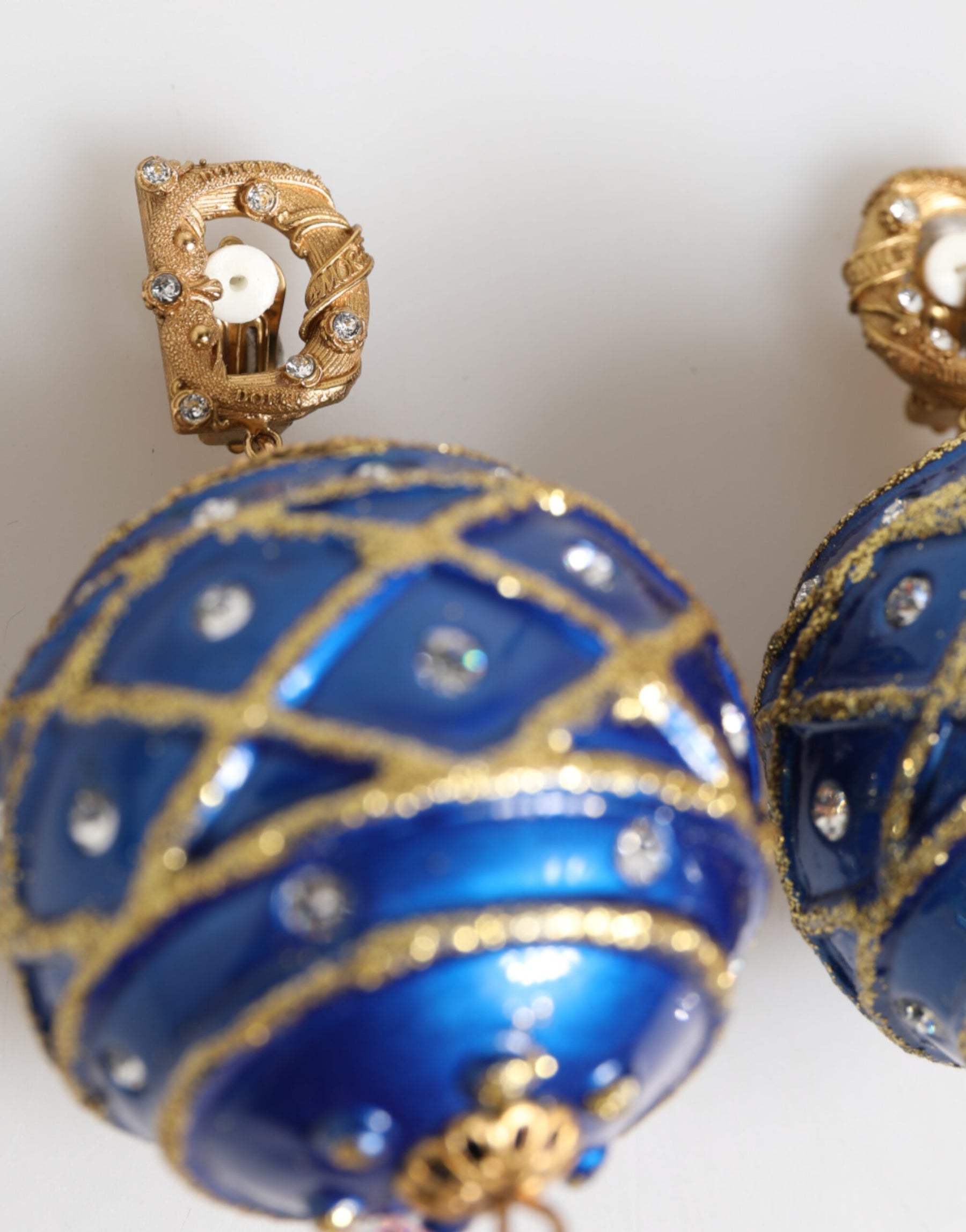 Dolce & Gabbana Gold Brass Blue Christmas Ball Crystal Drop Clip On Earrings | Regal Royce