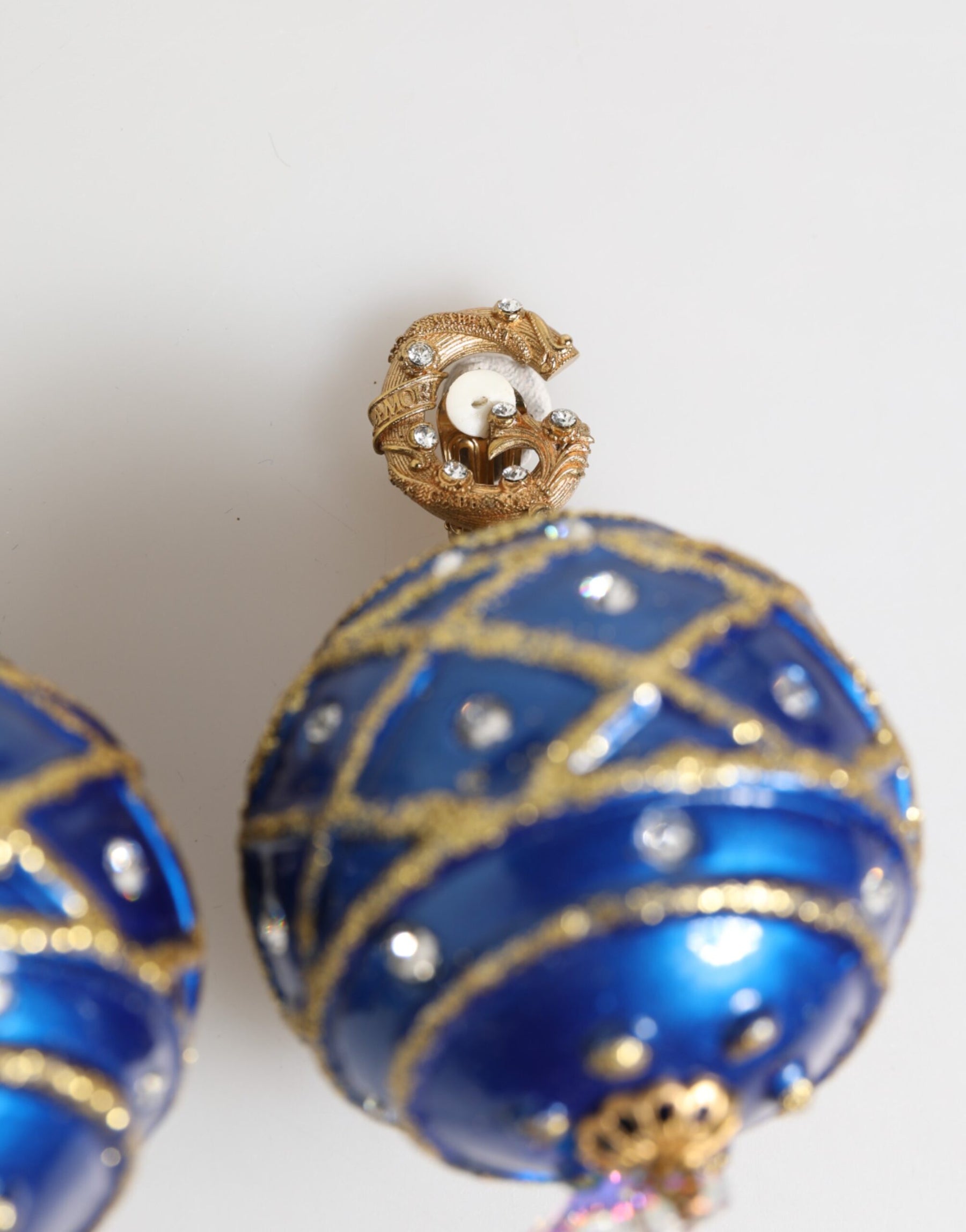Dolce & Gabbana Gold Brass Blue Christmas Ball Crystal Drop Clip On Earrings | Regal Royce