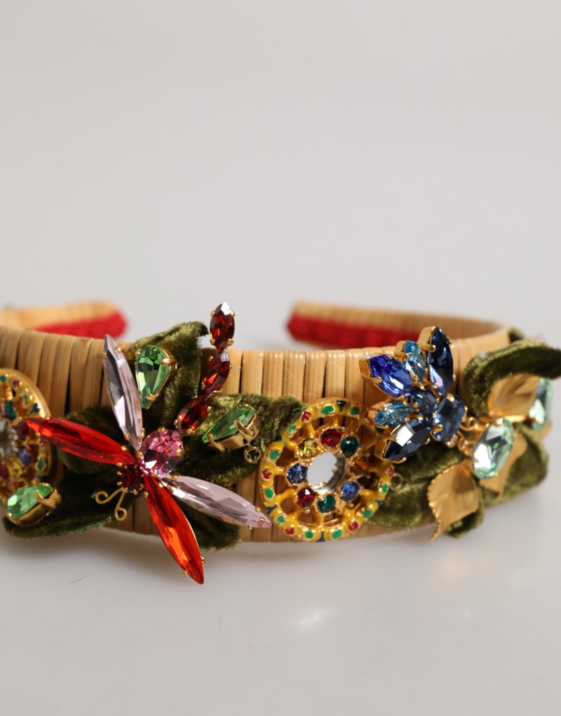 Dolce & Gabbana Multicolor Crystal Floral Gold Green Velvet Crown Headband | Regal Royce