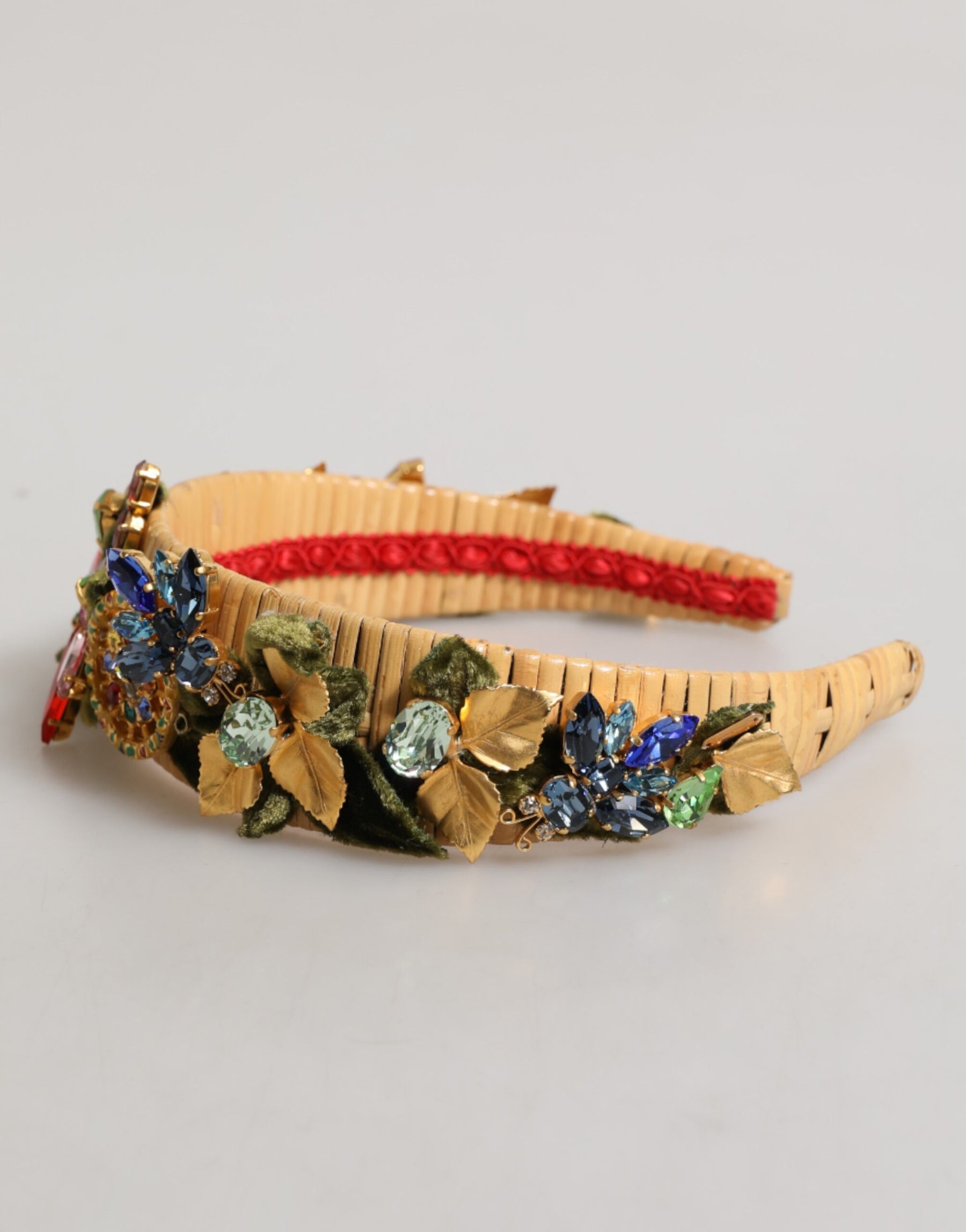 Dolce & Gabbana Multicolor Crystal Floral Gold Green Velvet Crown Headband | Regal Royce