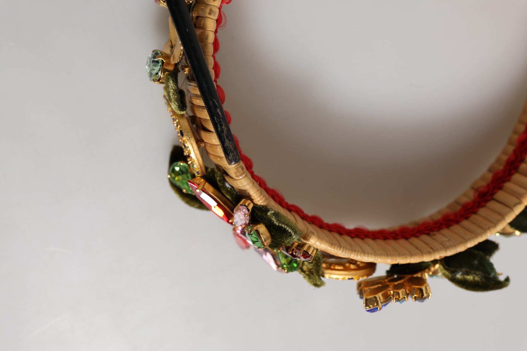 Dolce & Gabbana Multicolor Crystal Floral Gold Green Velvet Crown Headband | Regal Royce