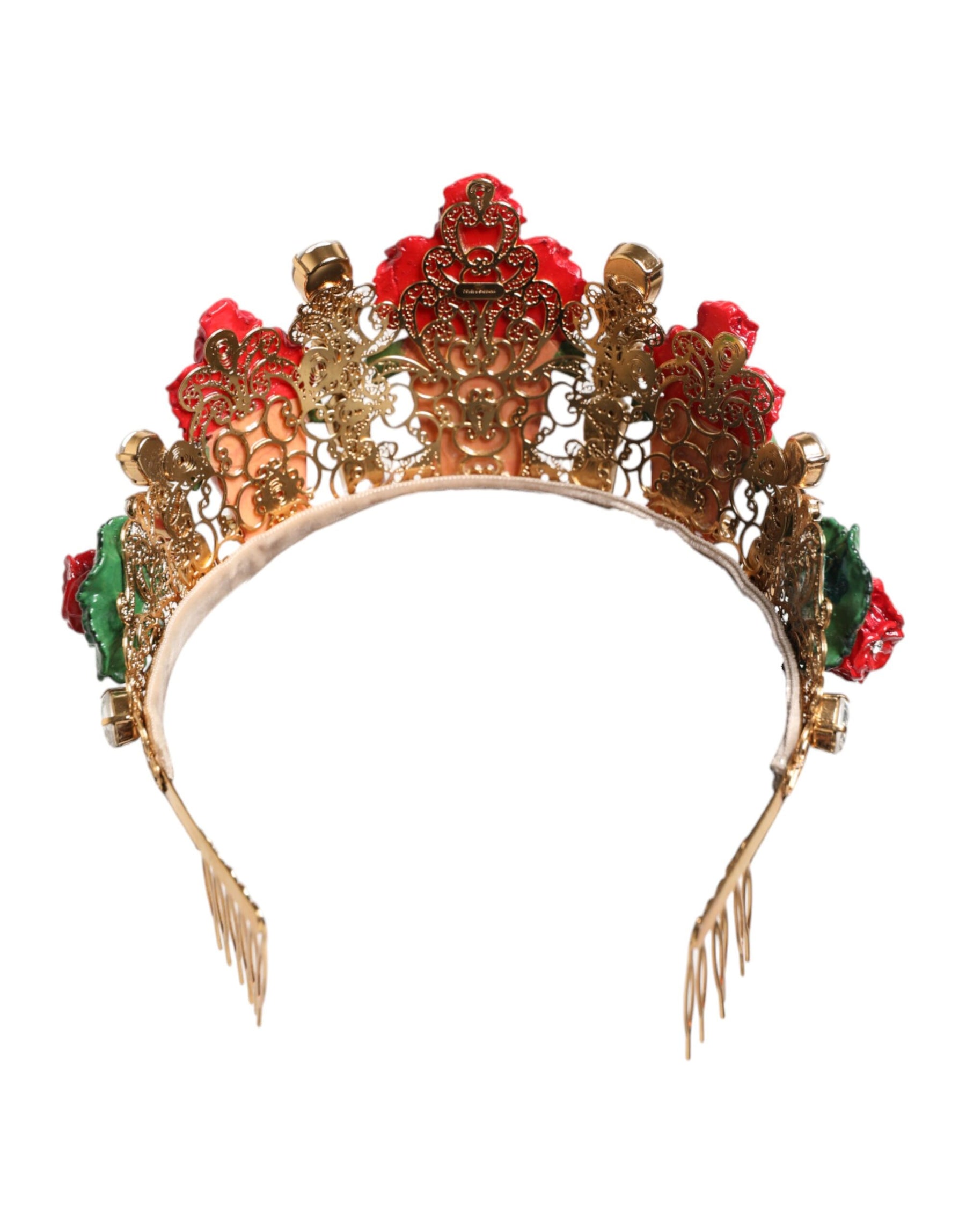 Dolce & Gabbana Red Floral Flowerpot Crystal Gold Crown Tiara Headband | Regal Royce