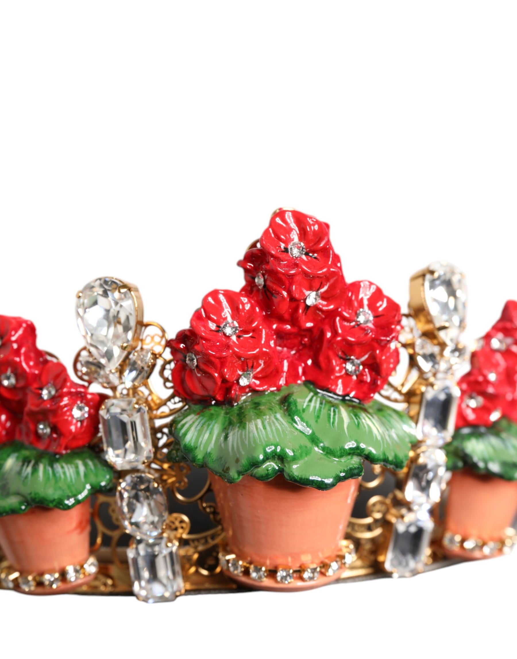 Dolce & Gabbana Red Floral Flowerpot Crystal Gold Crown Tiara Headband | Regal Royce