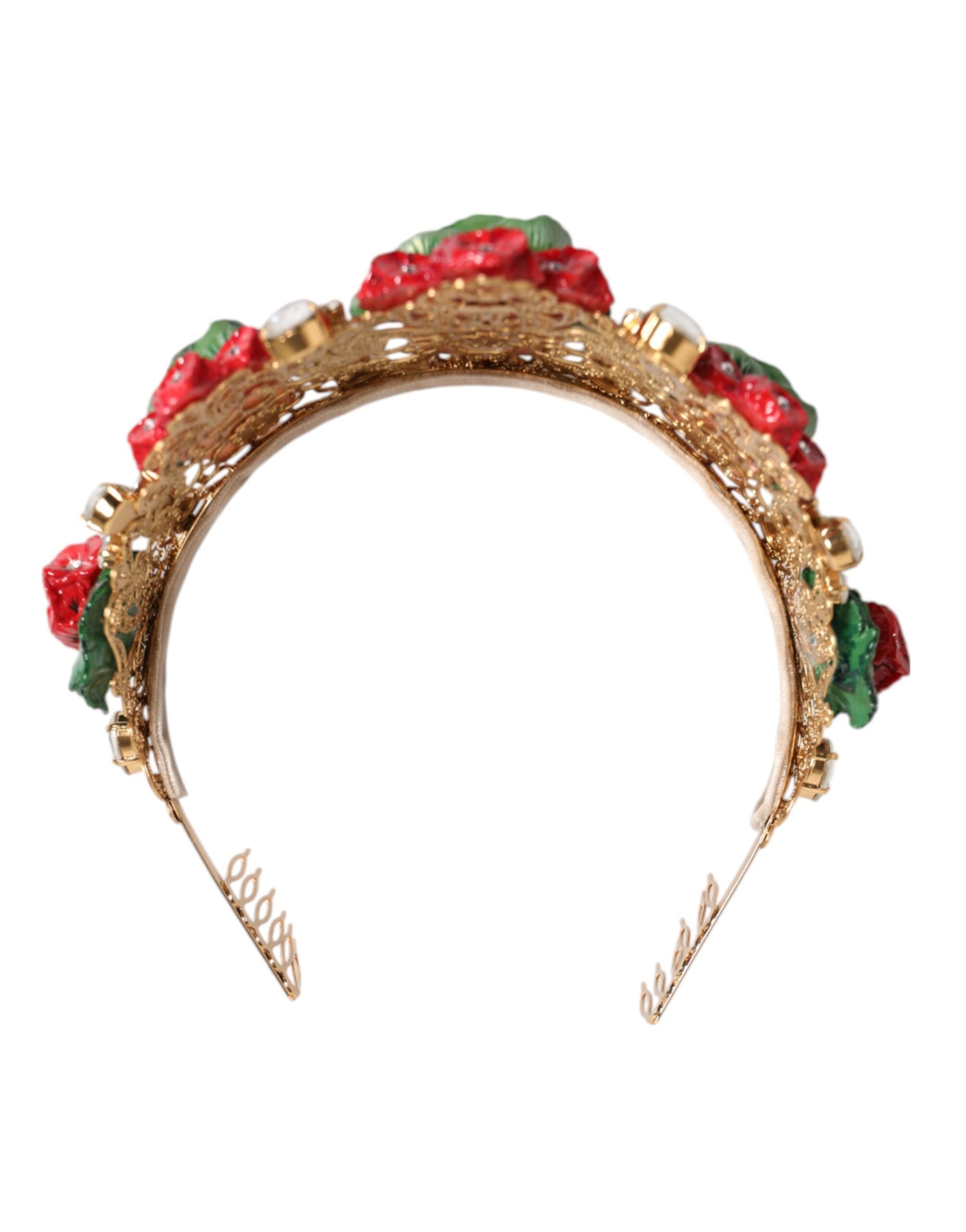 Dolce & Gabbana Red Floral Flowerpot Crystal Gold Crown Tiara Headband | Regal Royce