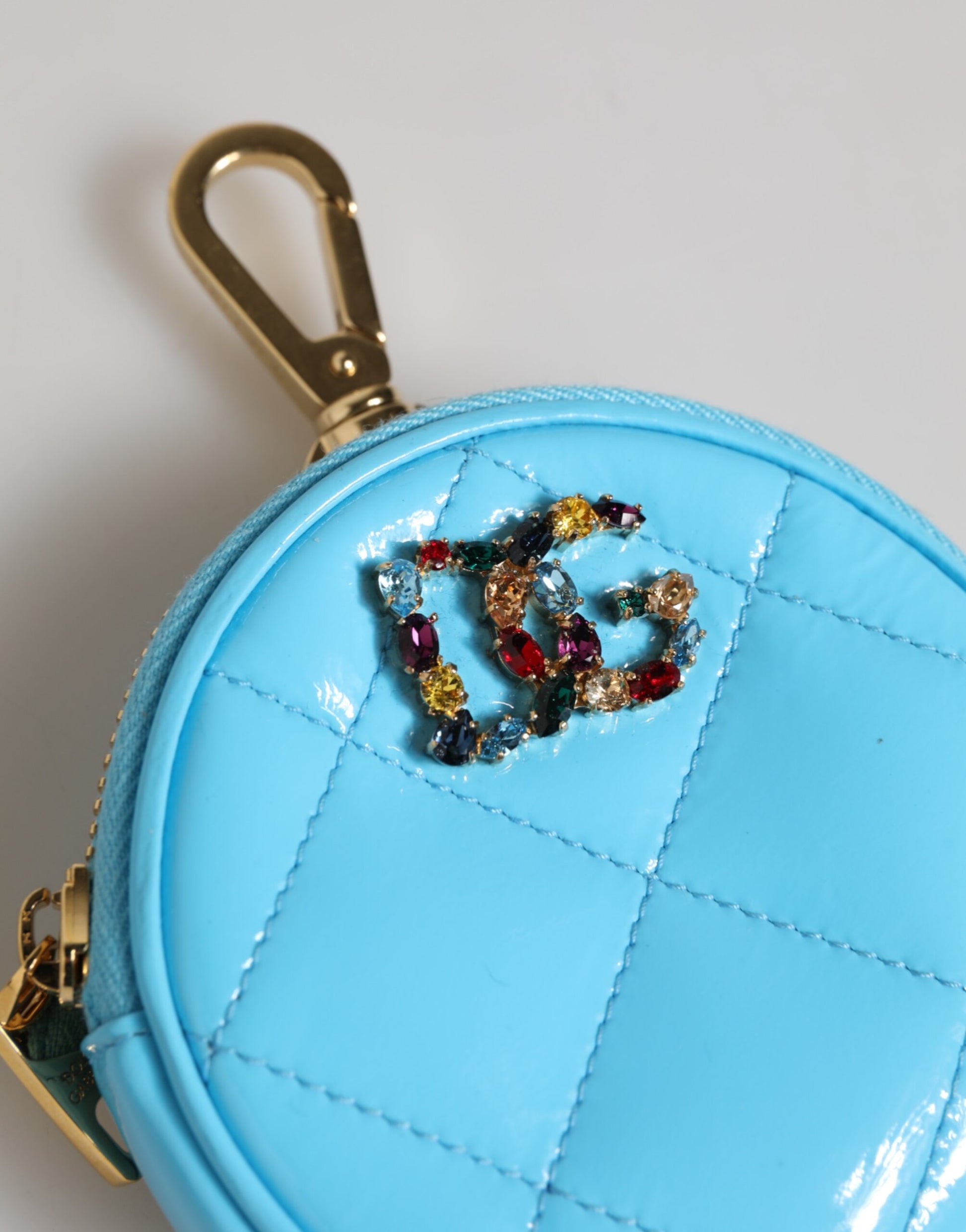 Dolce & Gabbana Azure Blue Leather Round Coin Purse Keychain Crystal Logo Wallet