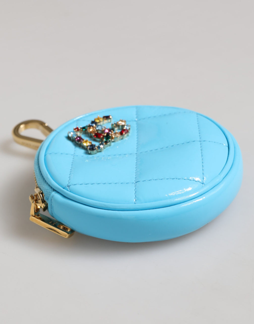 Dolce & Gabbana Azure Blue Leather Round Coin Purse Keychain Crystal Logo Wallet