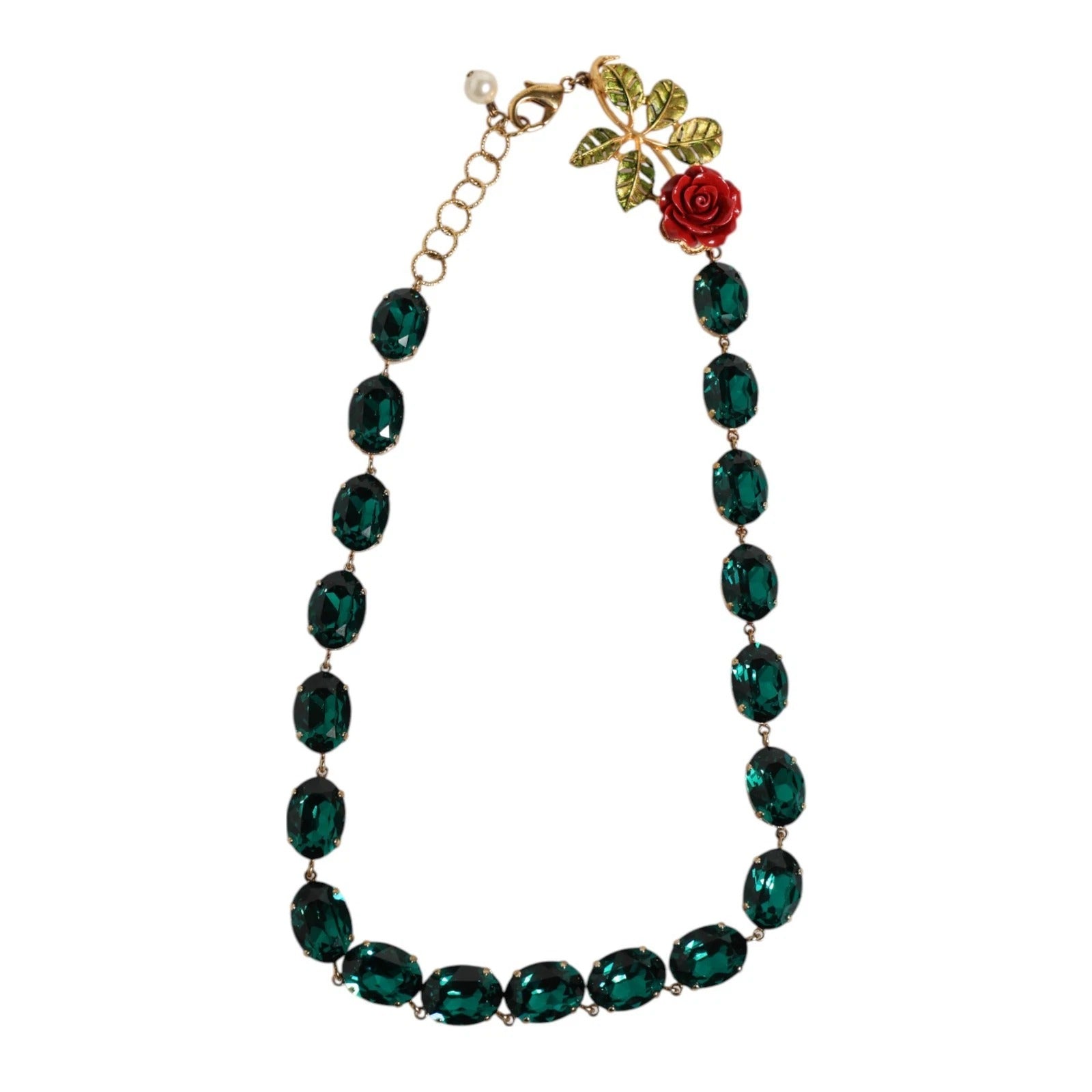 Dolce & Gabbana Red Rose Green Crystal Gold-Tone Chain Necklace | Regal Royce