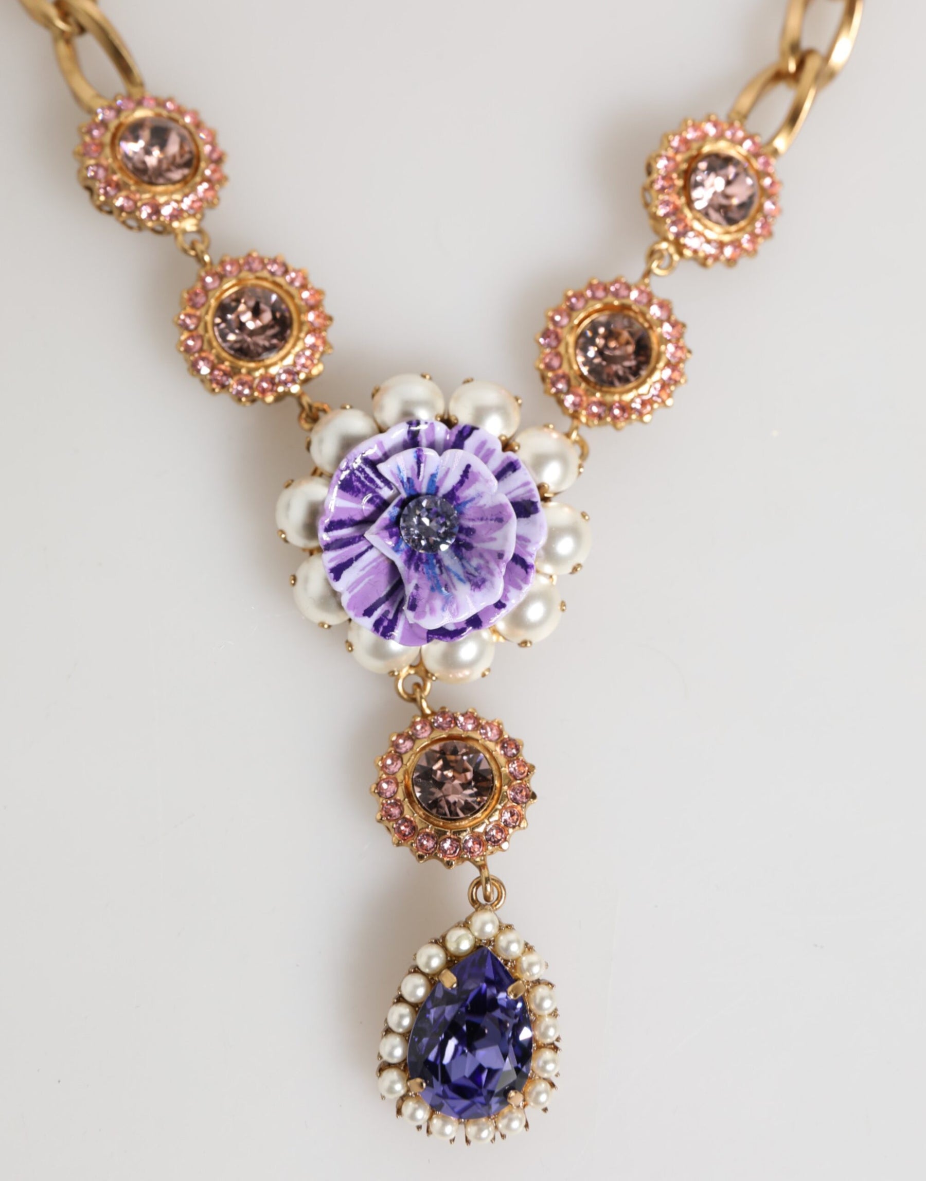 Dolce & Gabbana Gold Brass Crystal Pearl Purple Floral Pendant Jewelry Necklace | Regal Royce