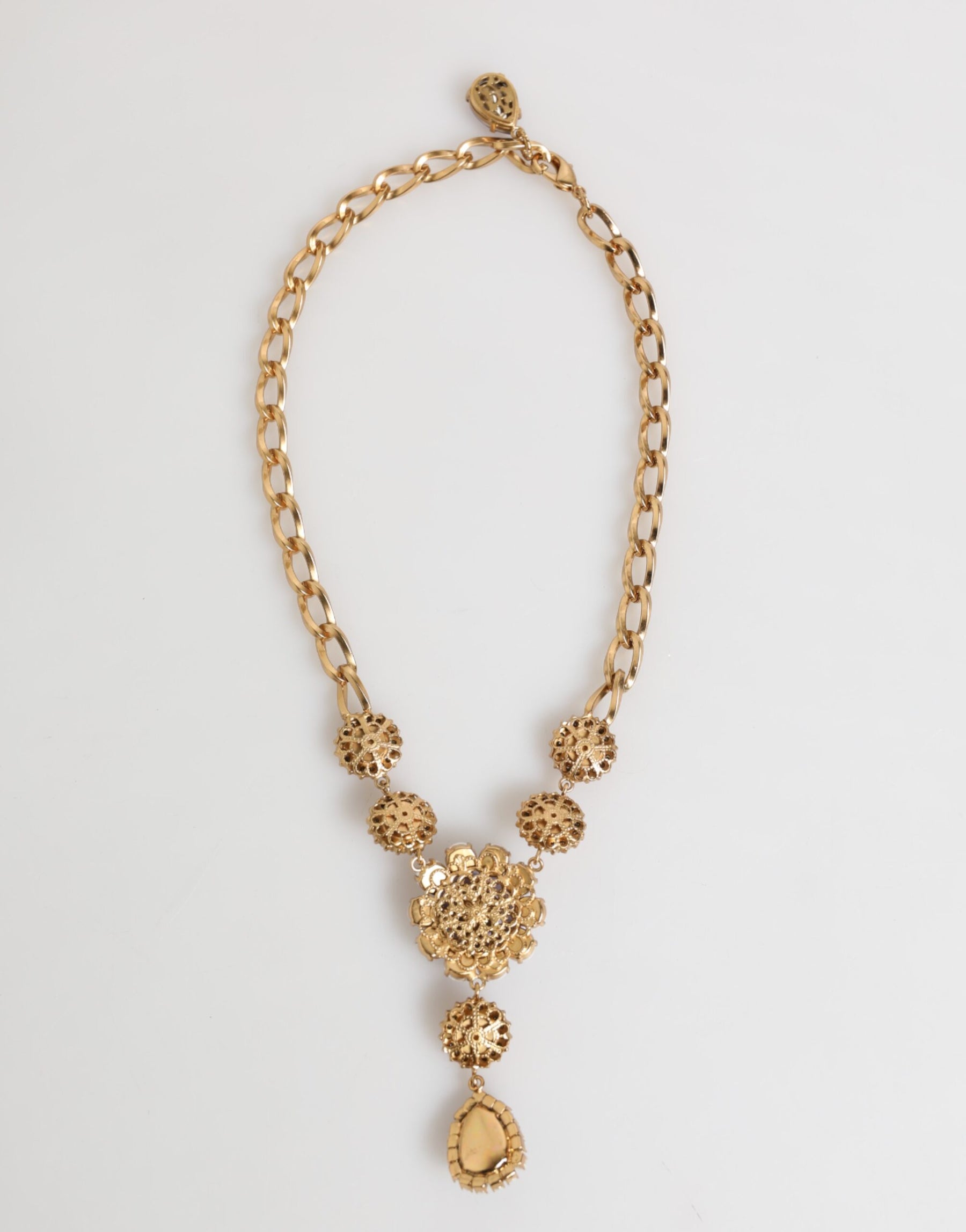Dolce & Gabbana Gold Brass Crystal Pearl Purple Floral Pendant Jewelry Necklace | Regal Royce