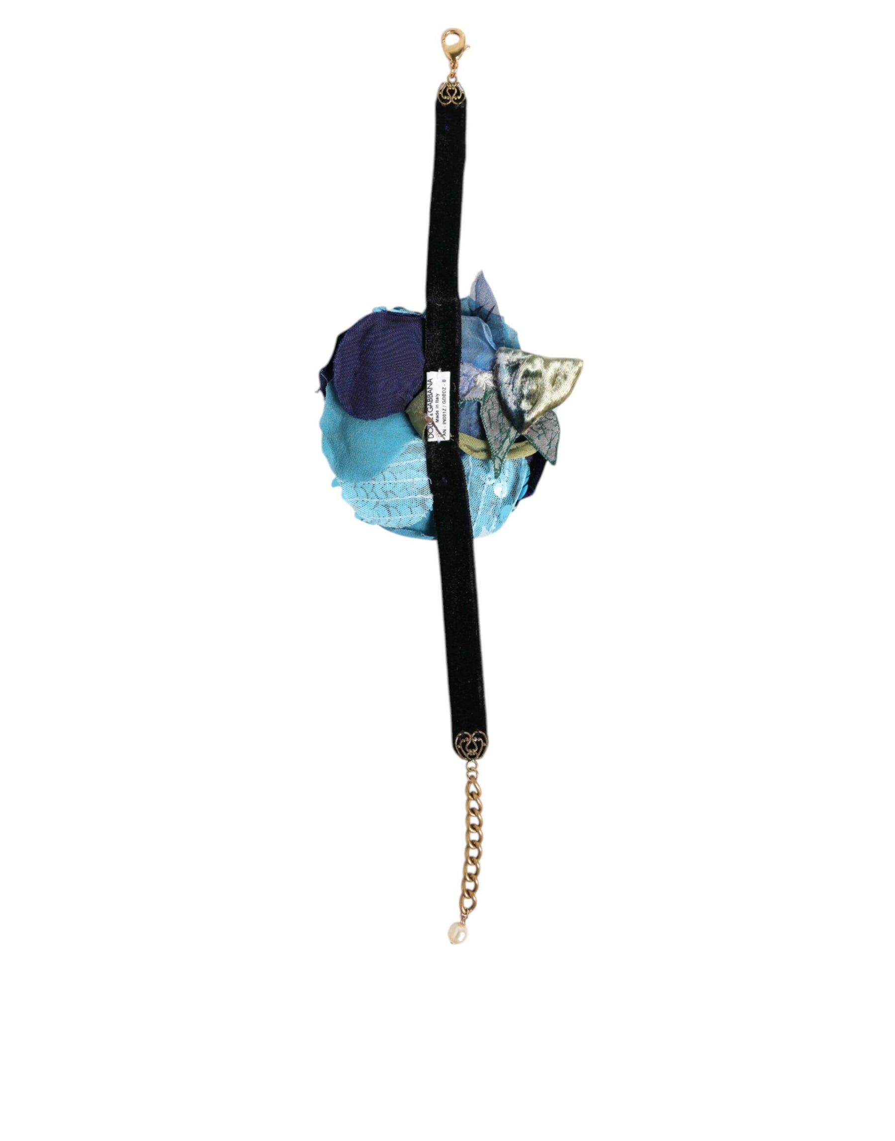 Dolce & Gabbana Blue Floral Appliqué Velvet Choker Crystal Beads Necklace | Regal Royce