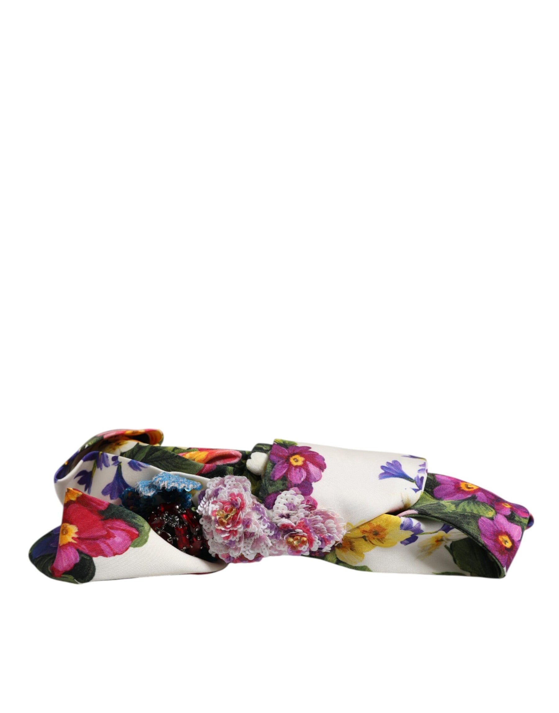 Dolce & Gabbana White Multicolor Floral Silk Bow Crystal Embellished Headband | Regal Royce