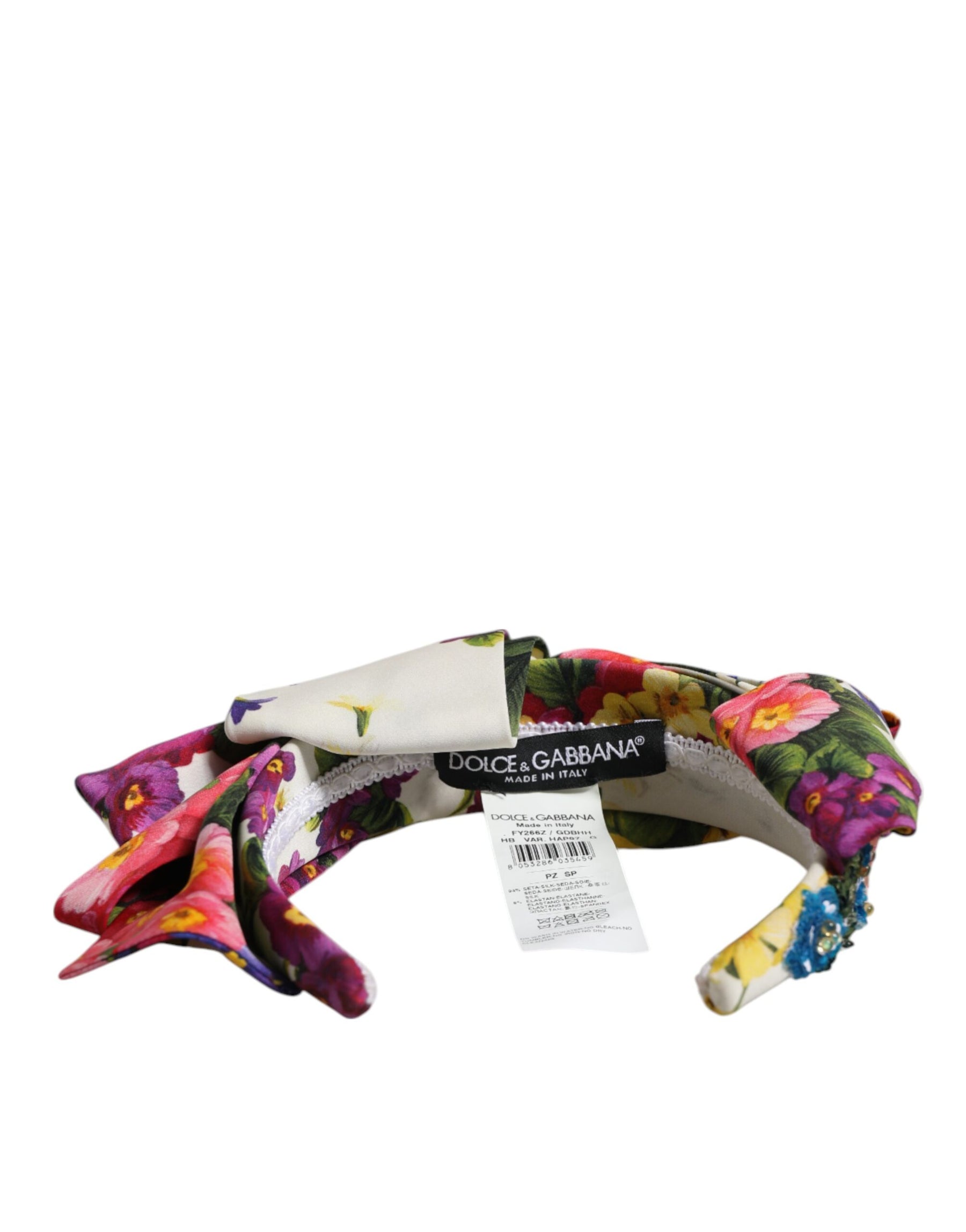 Dolce & Gabbana White Multicolor Floral Silk Bow Crystal Embellished Headband | Regal Royce