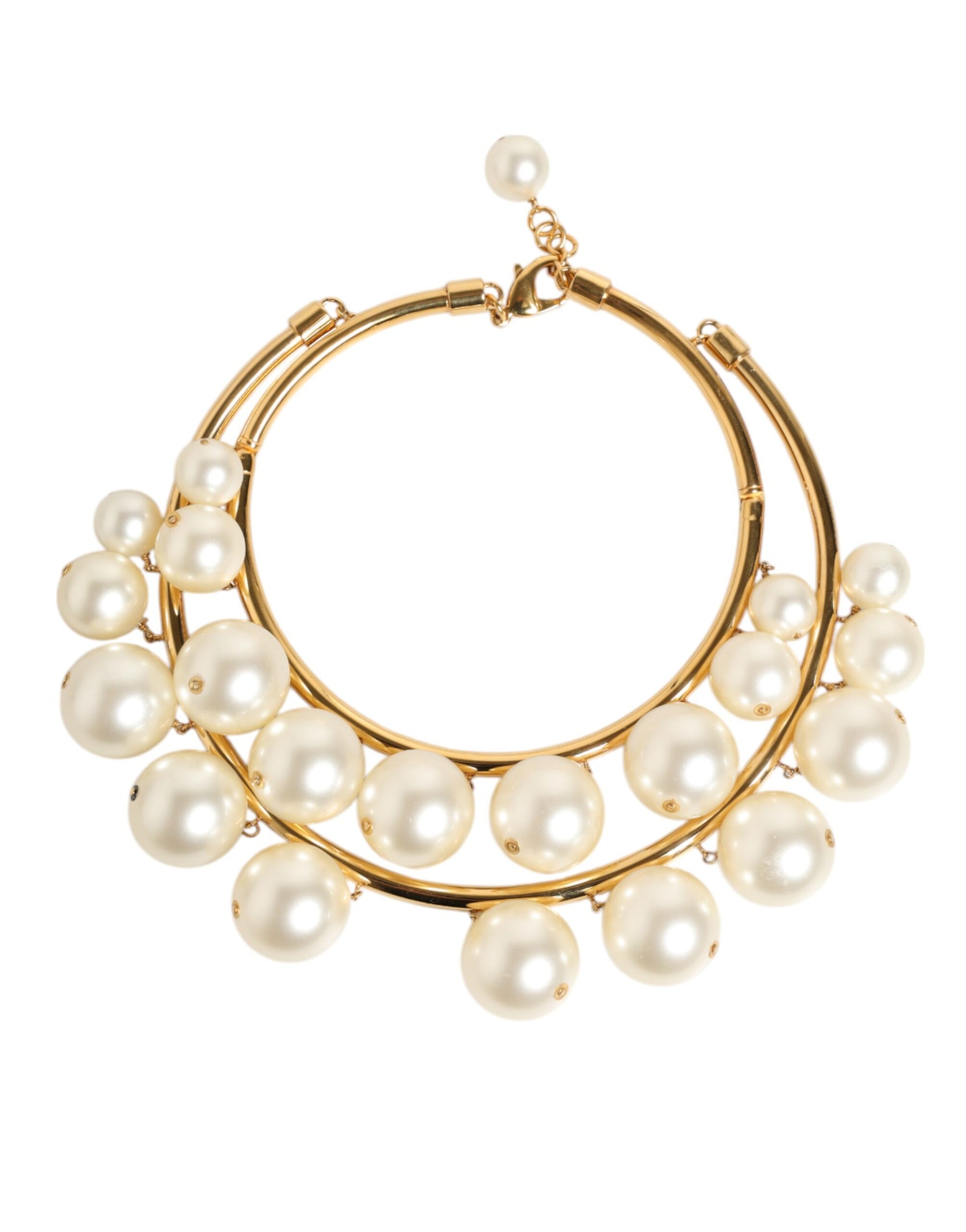 Dolce & Gabbana Gold Brass Faux Pearl Crystal Statement Luxury Jewelry Necklace | Regal Royce