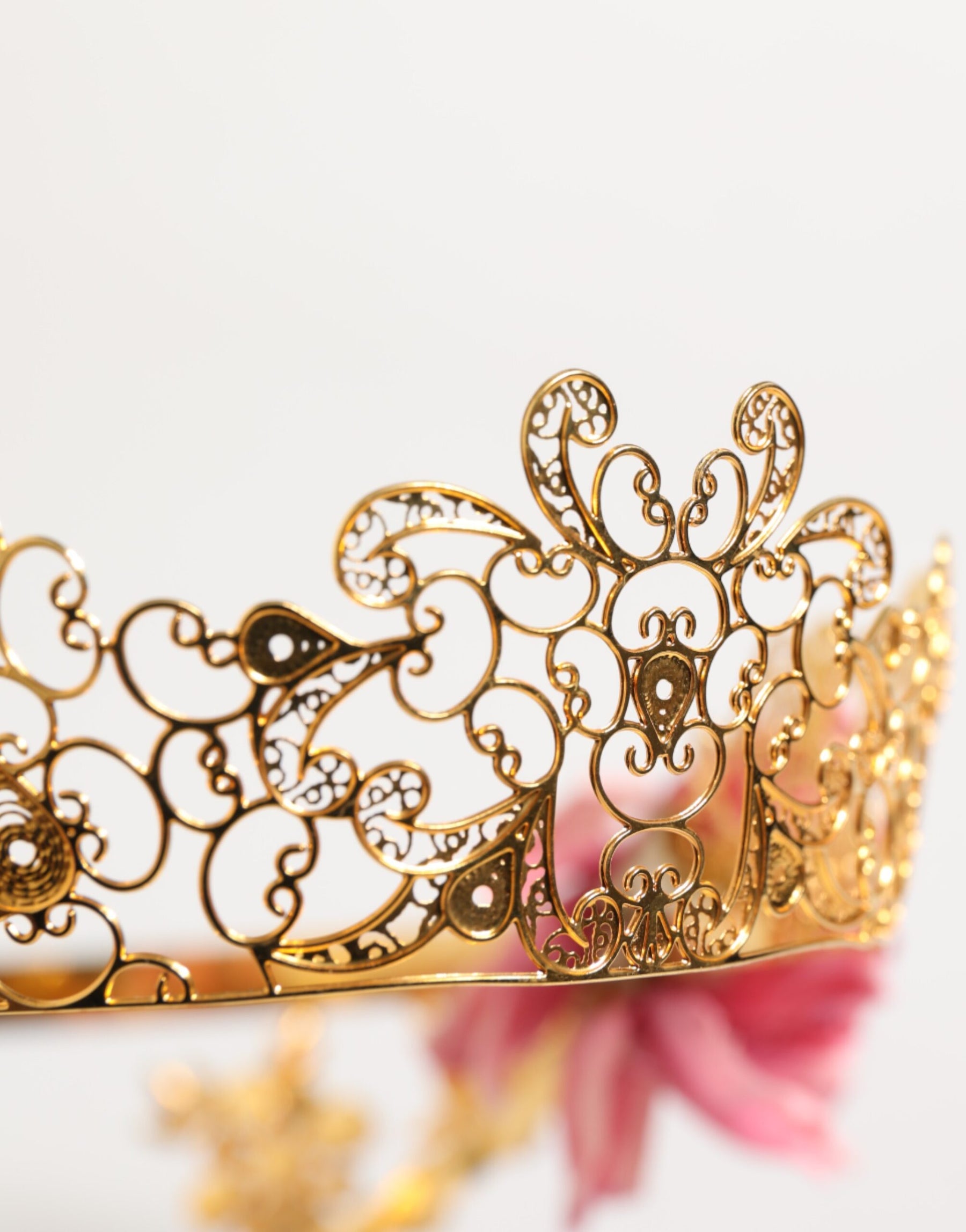Dolce & Gabbana Gold Floral Tiara Pink Roses Crystal Crown Headband | Regal Royce