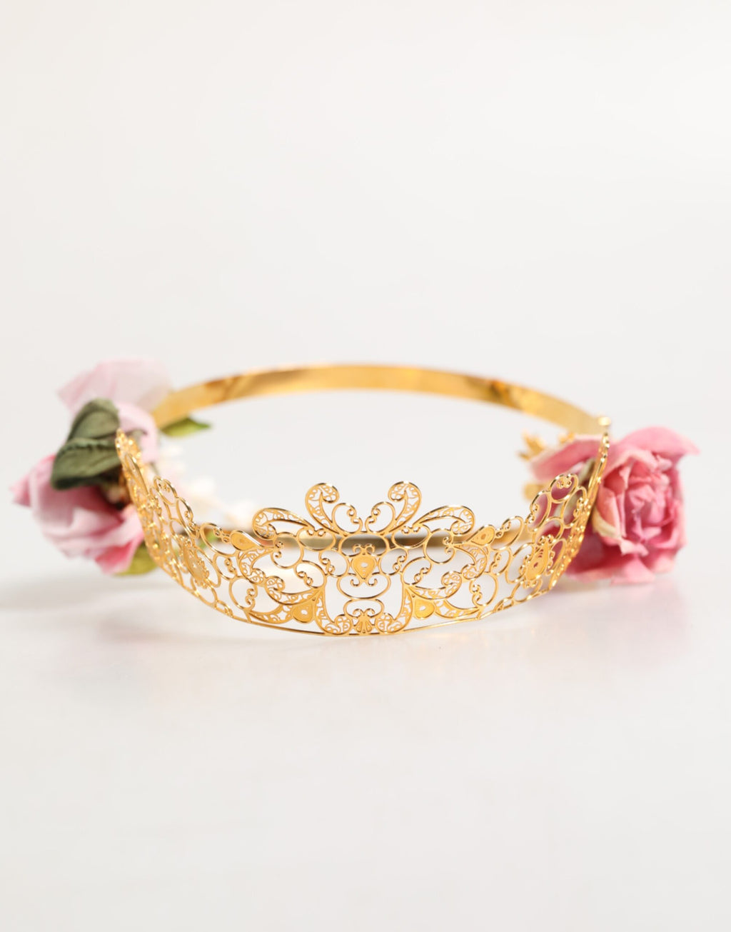 Dolce & Gabbana Gold Floral Tiara Pink Roses Crystal Crown Headband
