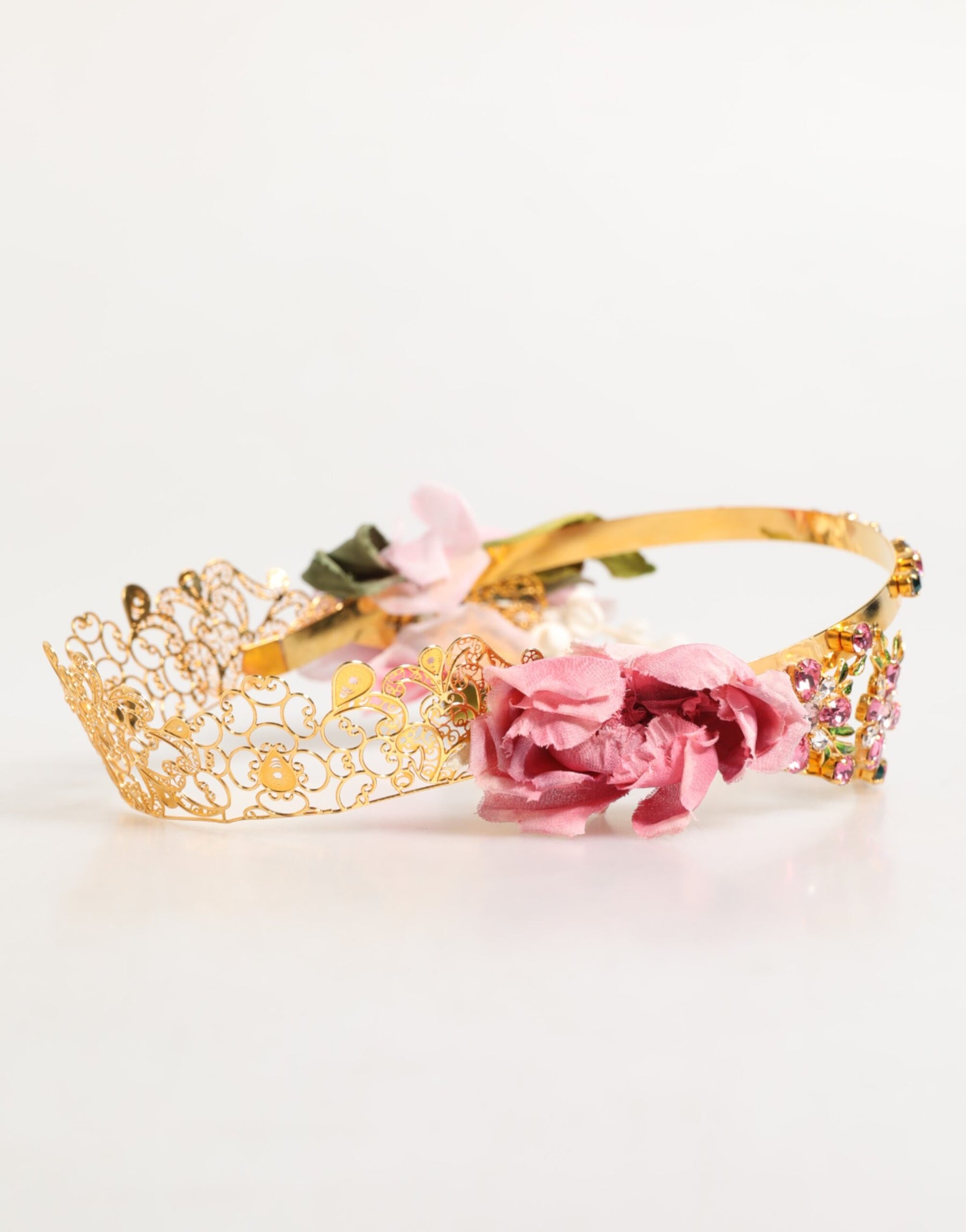 Dolce & Gabbana Gold Floral Tiara Pink Roses Crystal Crown Headband | Regal Royce