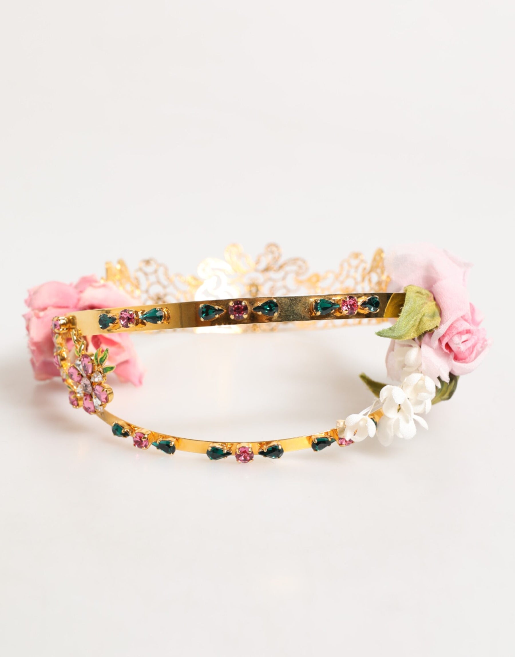 Dolce & Gabbana Gold Floral Tiara Pink Roses Crystal Crown Headband | Regal Royce