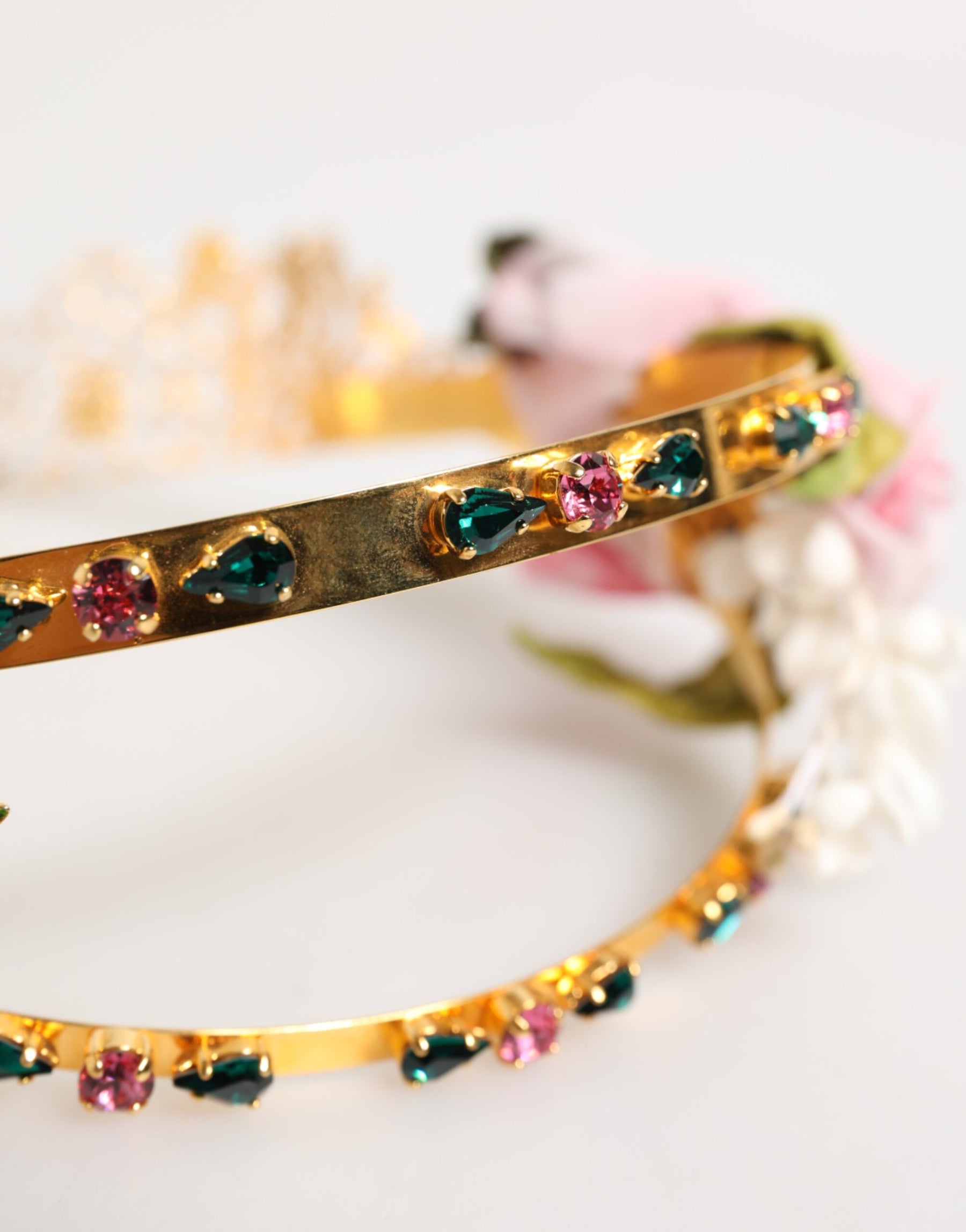 Dolce & Gabbana Gold Floral Tiara Pink Roses Crystal Crown Headband | Regal Royce
