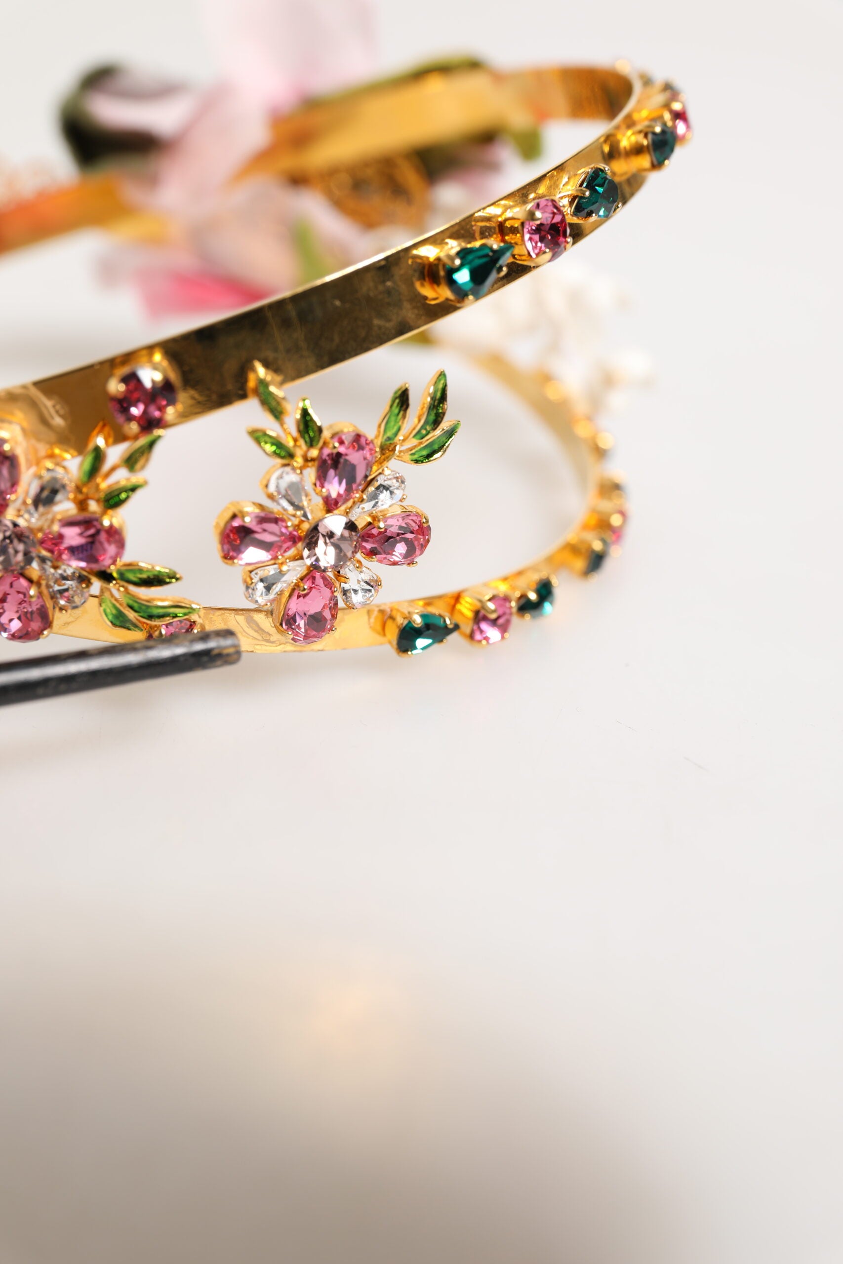 Dolce & Gabbana Gold Floral Tiara Pink Roses Crystal Crown Headband | Regal Royce