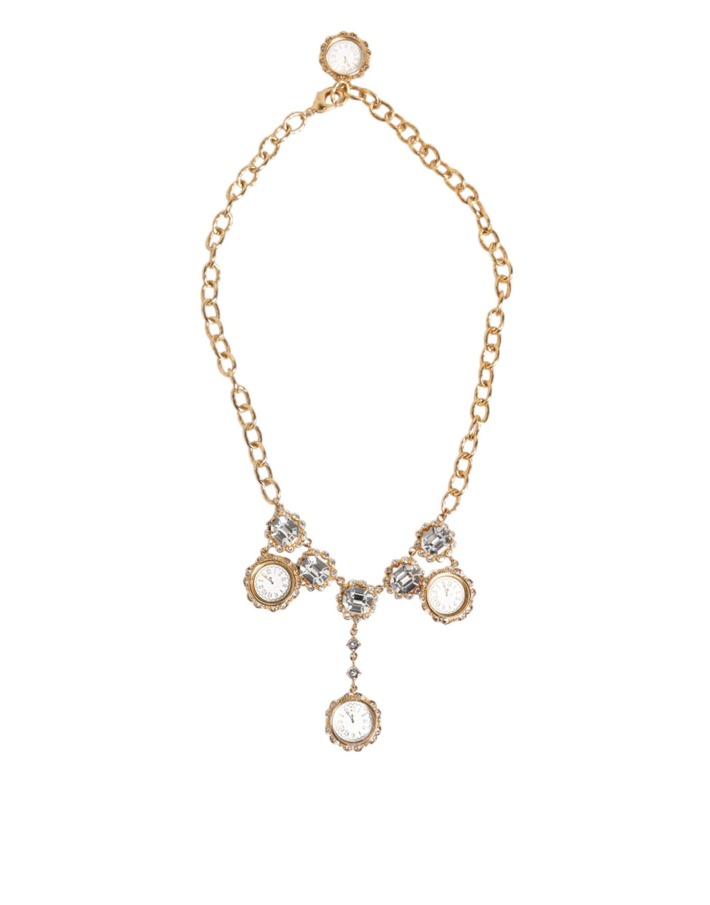 Dolce & Gabbana Gold Crystal Clock Face Pendant Statement Jewelry Necklace