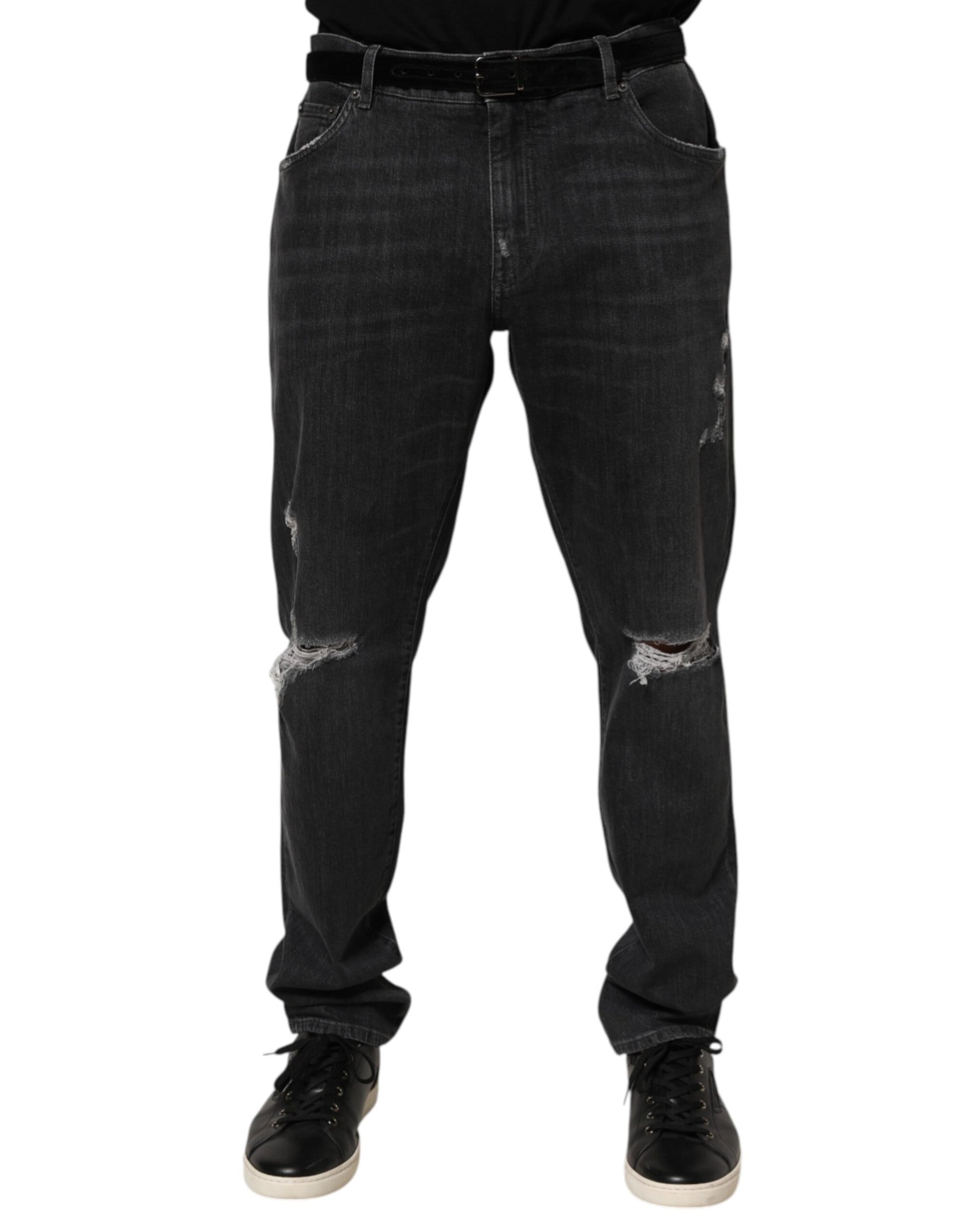 Dolce & Gabbana Black Cotton Slim Fit Distressed Ripped Logo Jeans