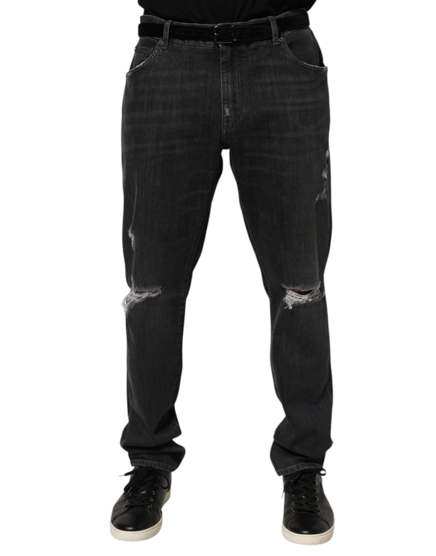 Dolce & Gabbana Black Cotton Slim Fit Distressed Ripped Logo Jeans | Regal Royce