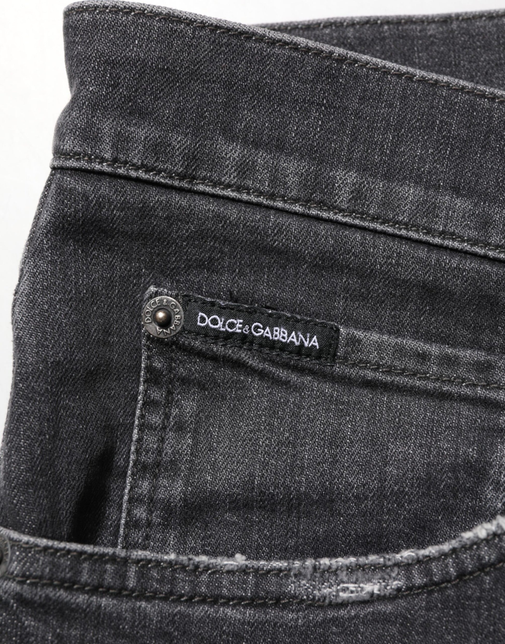 Dolce & Gabbana Black Cotton Slim Fit Distressed Ripped Logo Jeans