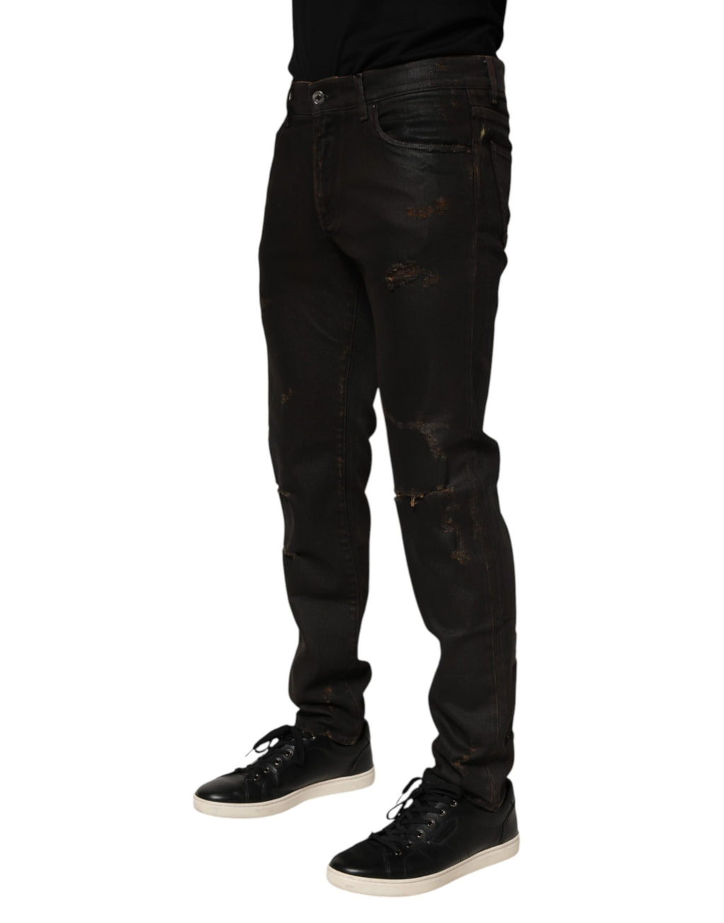 Dolce & Gabbana Dark Brown Tattered Cotton Skinny Denim Jeans