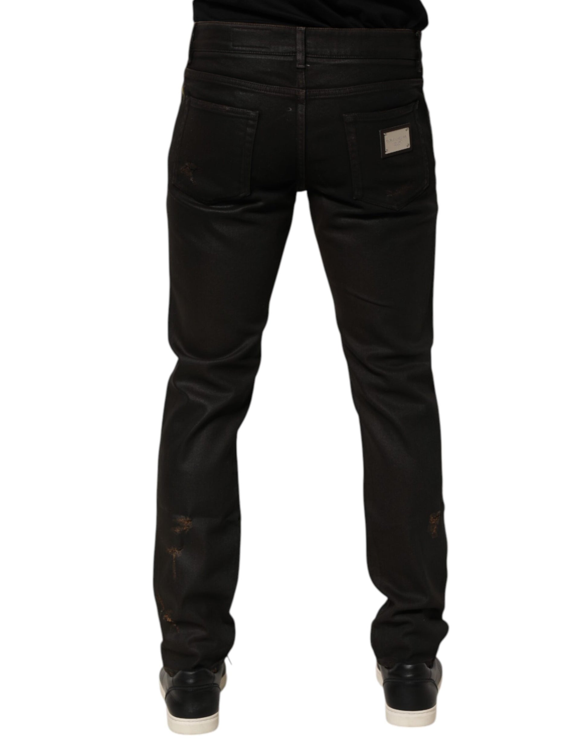 Dolce & Gabbana Dark Brown Tattered Cotton Skinny Denim Jeans